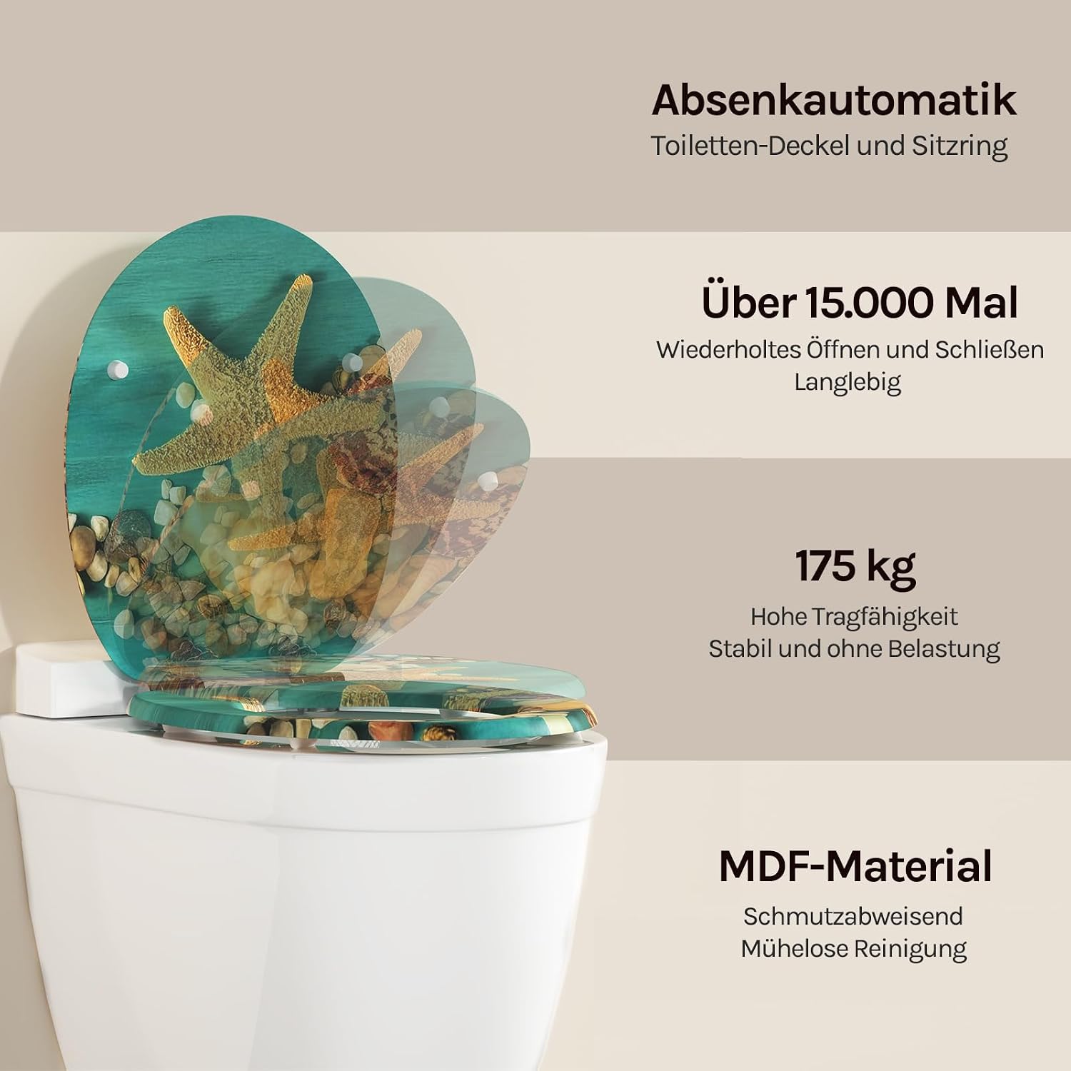 Detalle de WOLTU Premium Toilettensitz mit Absenkautomatik – O-Form, MDF-Holzkern, Soft-Close, Antibakteriell, Seestern-Design