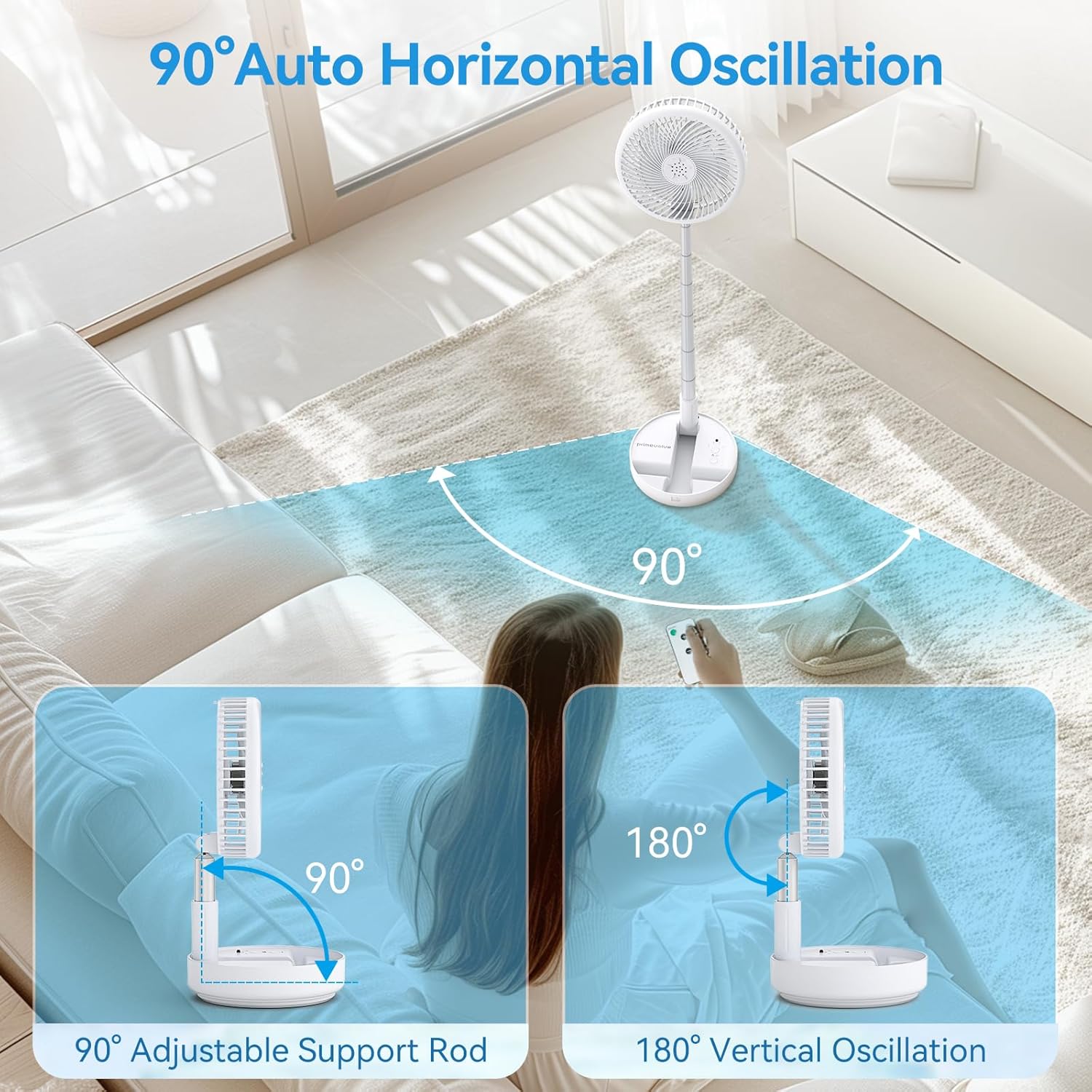 Thumbnail 5 de Primevolve Portable Oscillating Standing Fan with Remote (Rechargeable + USB-C) – 4 Speed Settings