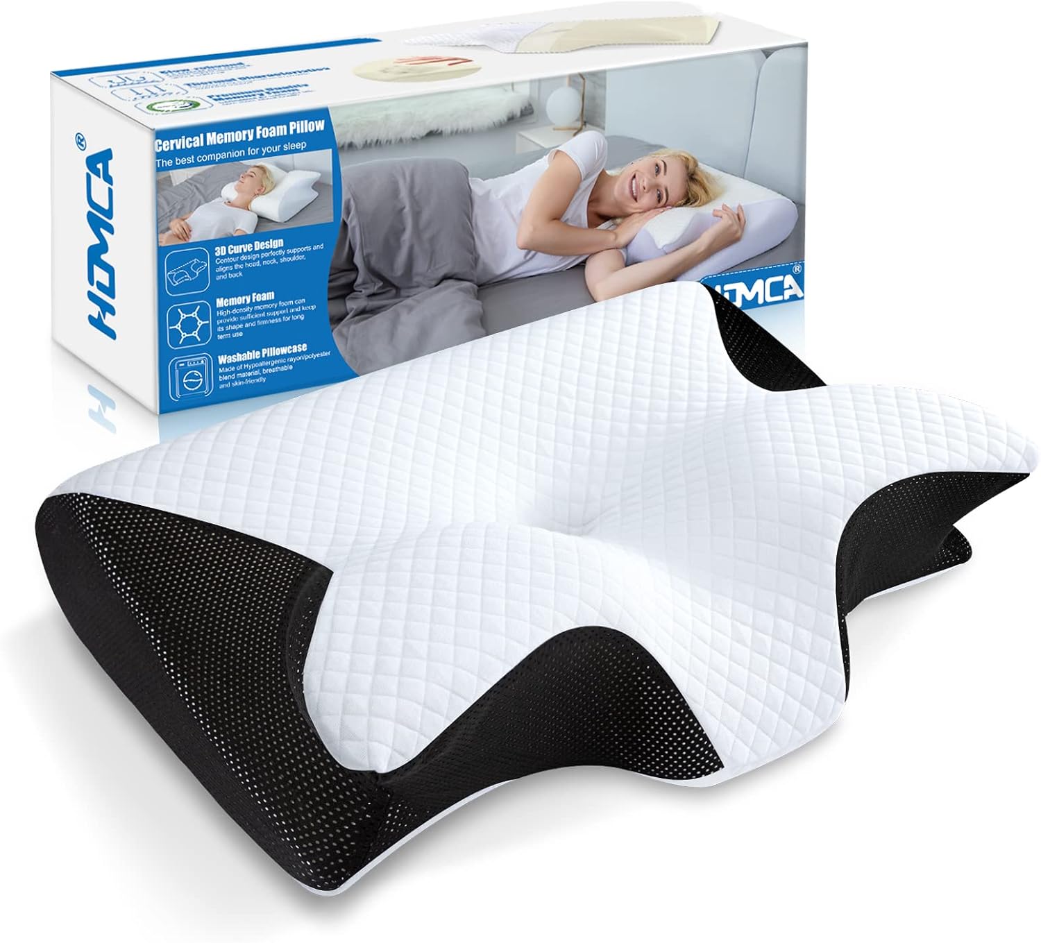 Detalle de HOMCA 2-in-1 ergonomisches Nackenkissen aus Memory Foam (60x40x12/14 cm), Schwarz