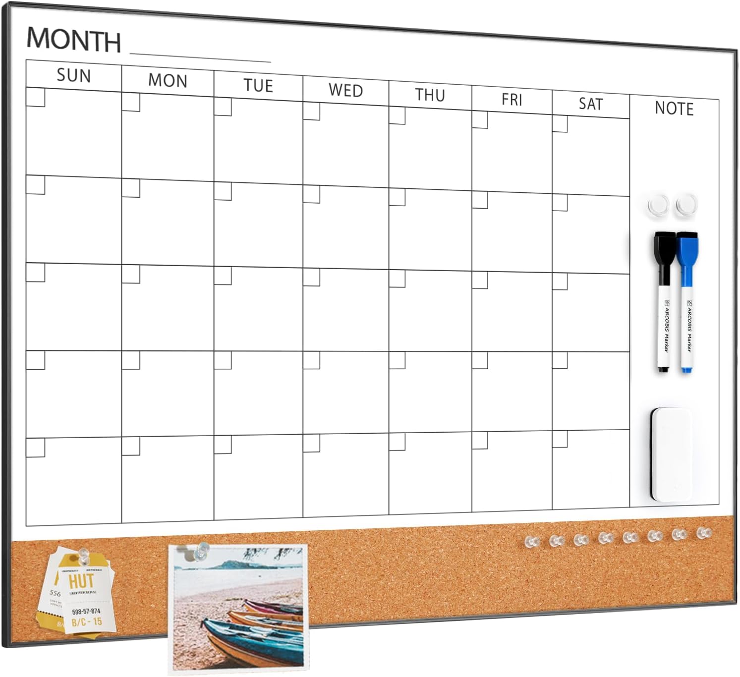 Detalle de ARCOBIS COM2418-MONTH-Black-H Dry Erase Calendar, 24" x 18", Magnetic with Cork Board
