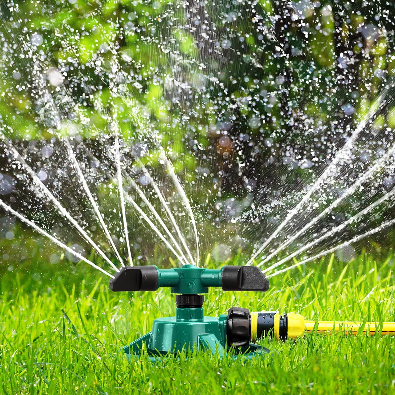 Detalle de ENJSD Garden Sprinkler – Automatic 360° Rotating 3-Arm Lawn Irrigation Sprinkler