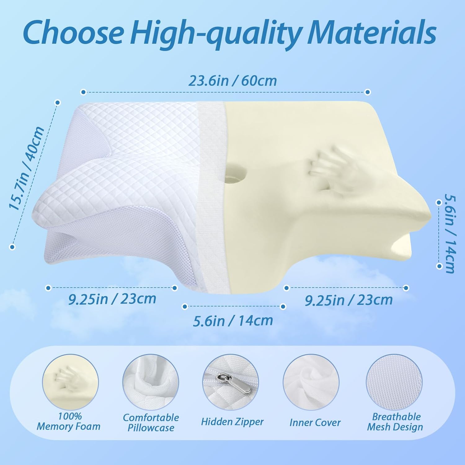 Detalle de HOMCA Cuscino Cervicale 2 in 1 in Memory Foam: supporto ergonomico con federa sfoderabile (60x40x12/14 cm)