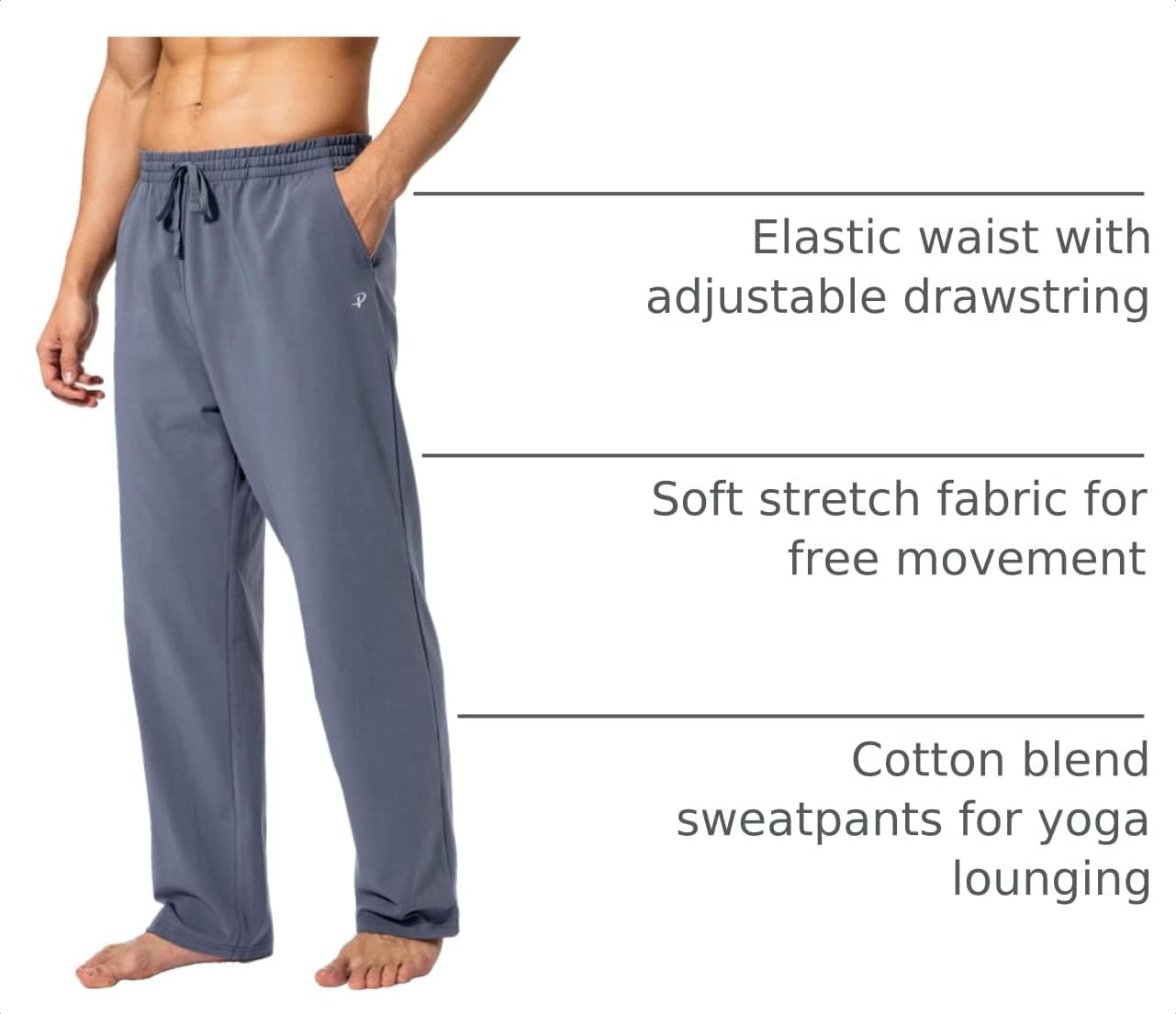 Detalle de Pudolla Men's Cotton Yoga Sweatpants: Open-Bottom Lounge Pants with Pockets
