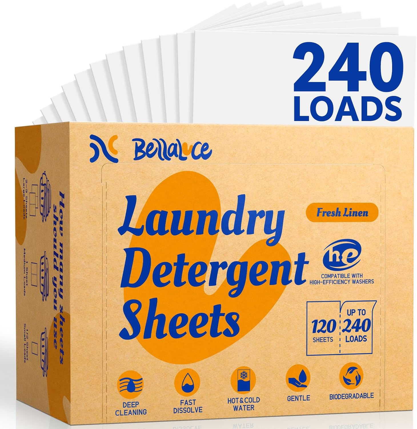 Detalle de Bellaluce BLLC0001 Laundry Sheets, Fresh Linen, 120 Sheets, Up to 240 Washes