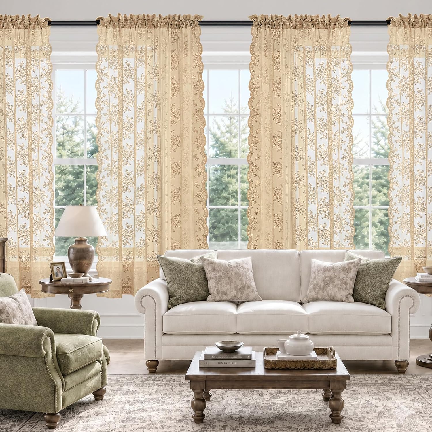 Detalle de AJAZZ Beige Floral Lace Curtains, Set of 2 Panels (52 x 63 in): 2-in-1 No-Drill Light Filtering Sheer Curtains with Scalloped Edge