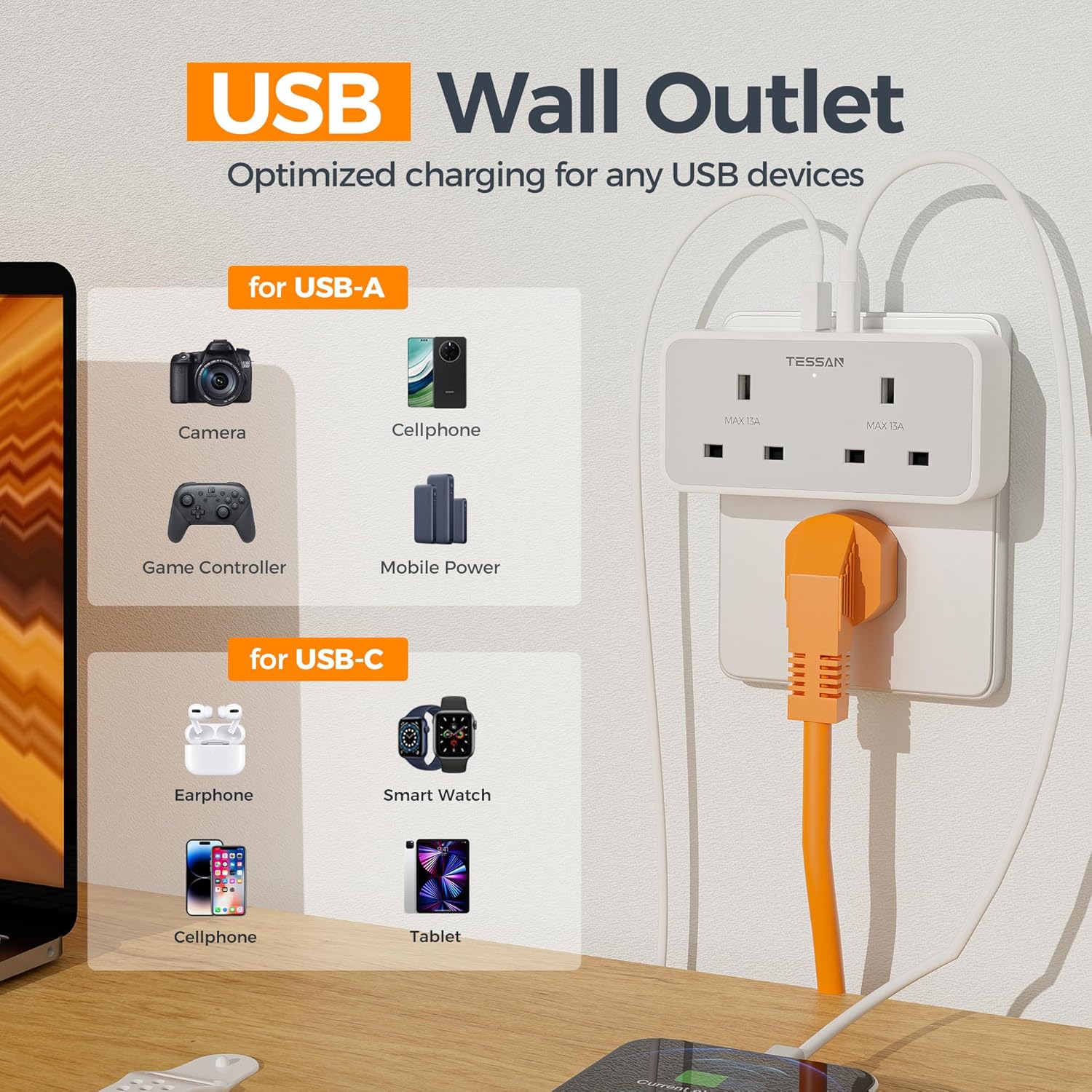 Thumbnail 3 de TESSAN Double Plug Adapter UK with 2 USB, 13A 🔌