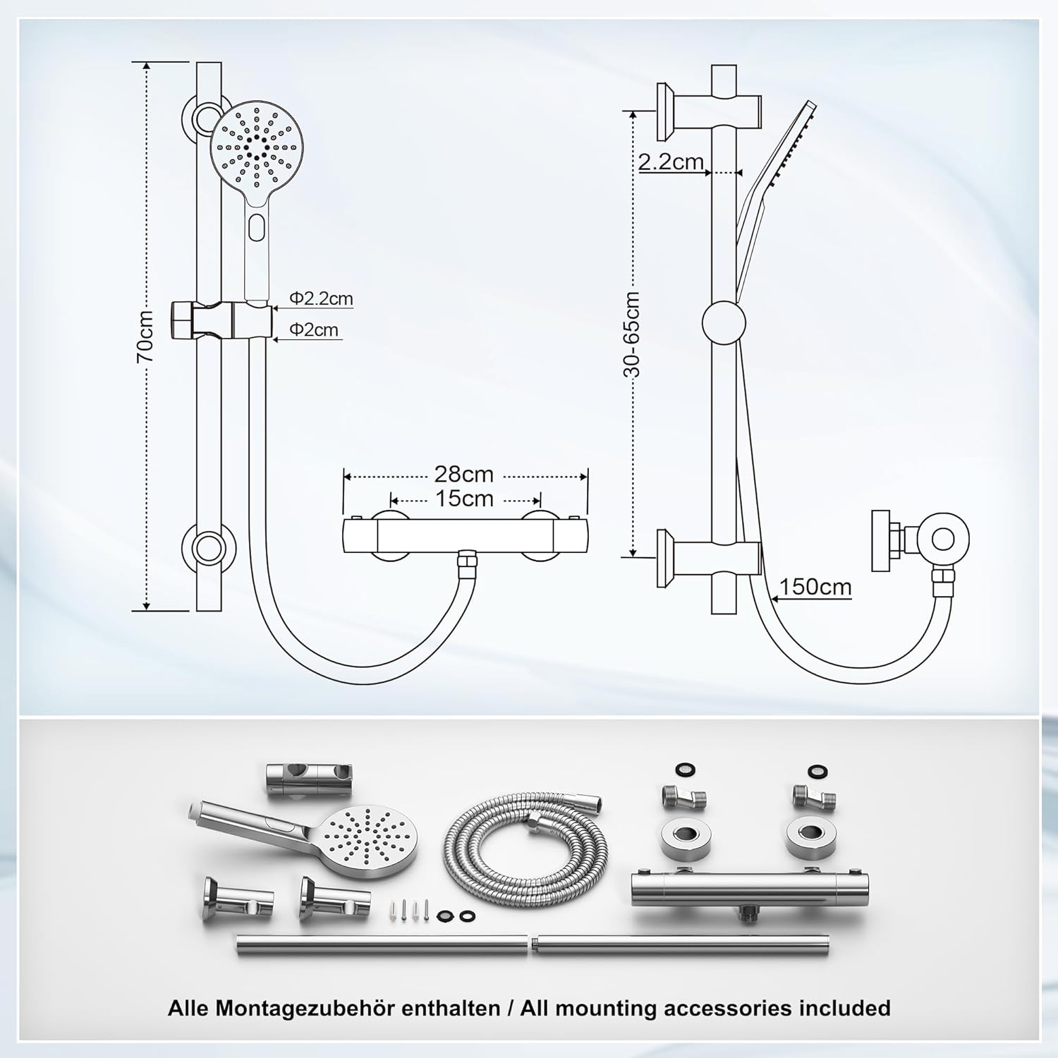 Thumbnail 6 de Görbach Colonna Doccia con Miscelatore Termostatico: set completo in acciaio inox con doccetta, tubo 150 cm e asta 70 cm