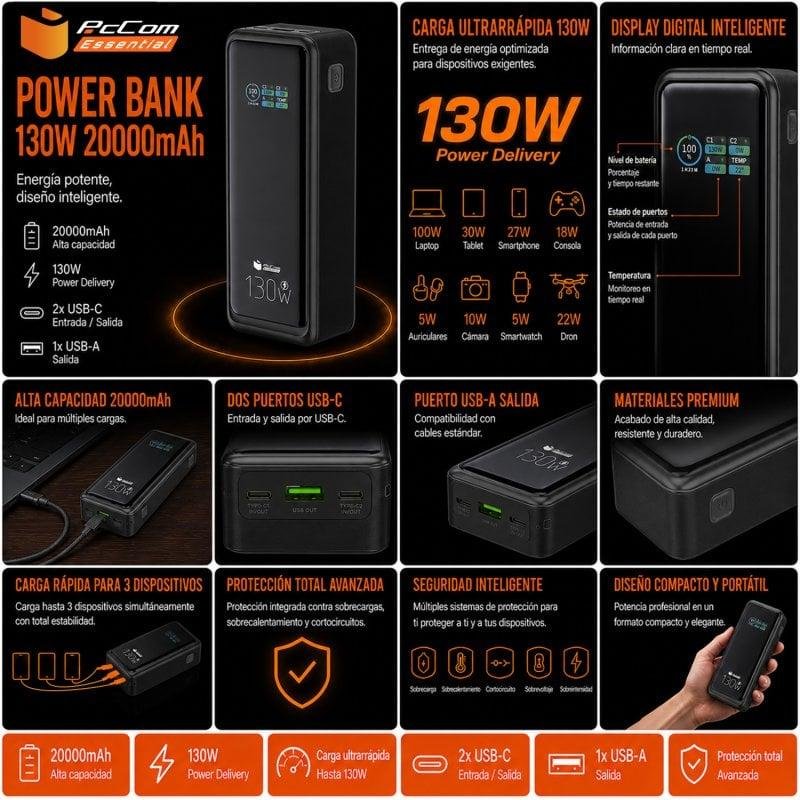 Detalle de PcCom Essential Powerbank 20.000mAh PD 130W – Carga ultrarrápida y pantalla digital