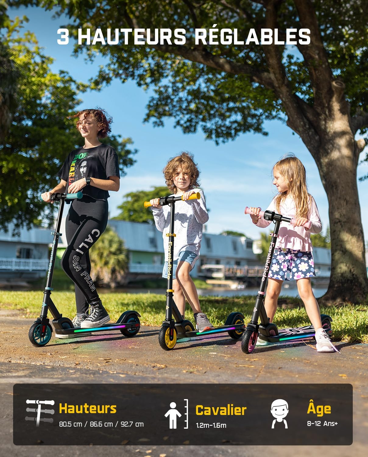 Detalle de FanttikRide C9 Apex trottinette électrique enfant (1,2–1,6 m) Bluetooth, lumières arc-en-ciel, 8/13/16 km/h
