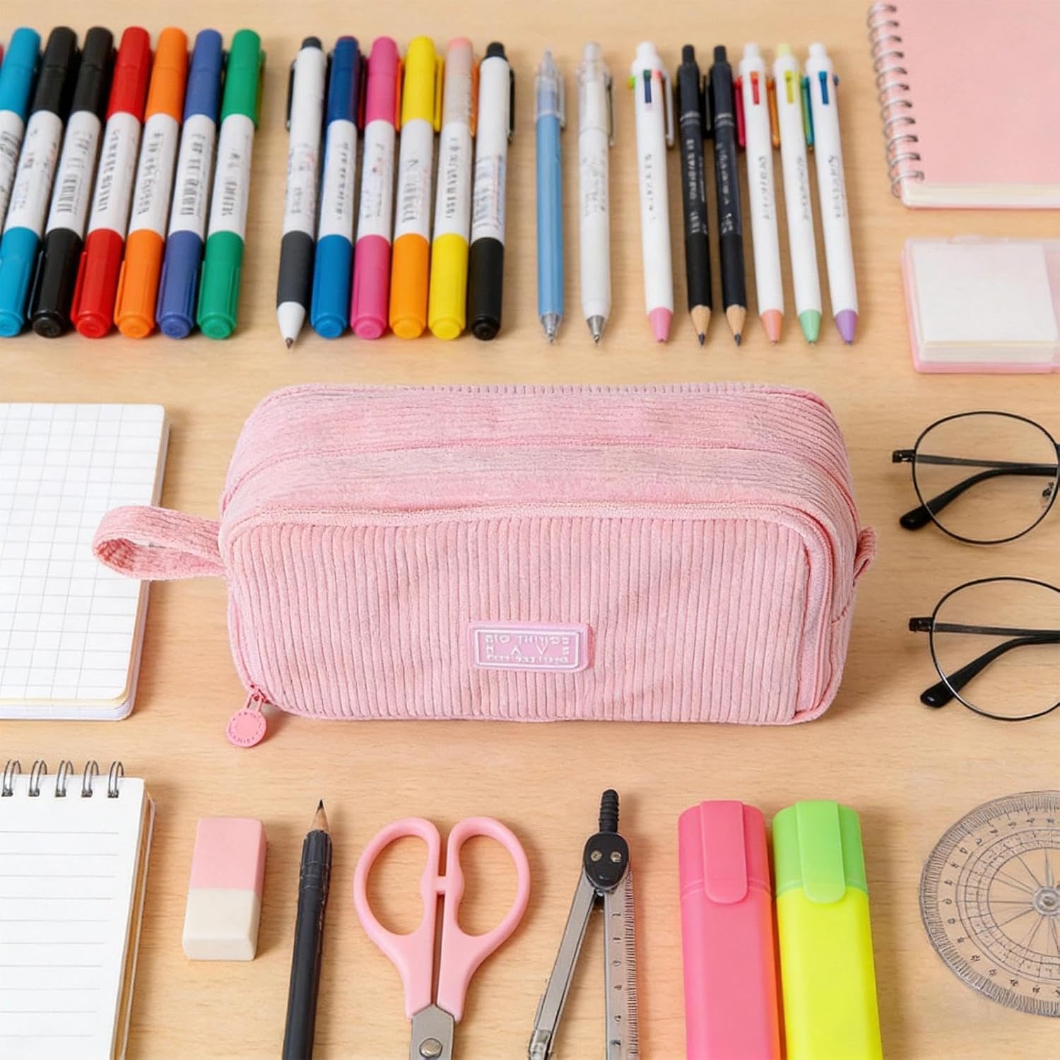 Detalle 2 de Touosy Federmäppchen aus Cord-Stoff – Großes Cord-Mäppchen mit 3 Fächern, Unisex, rosa