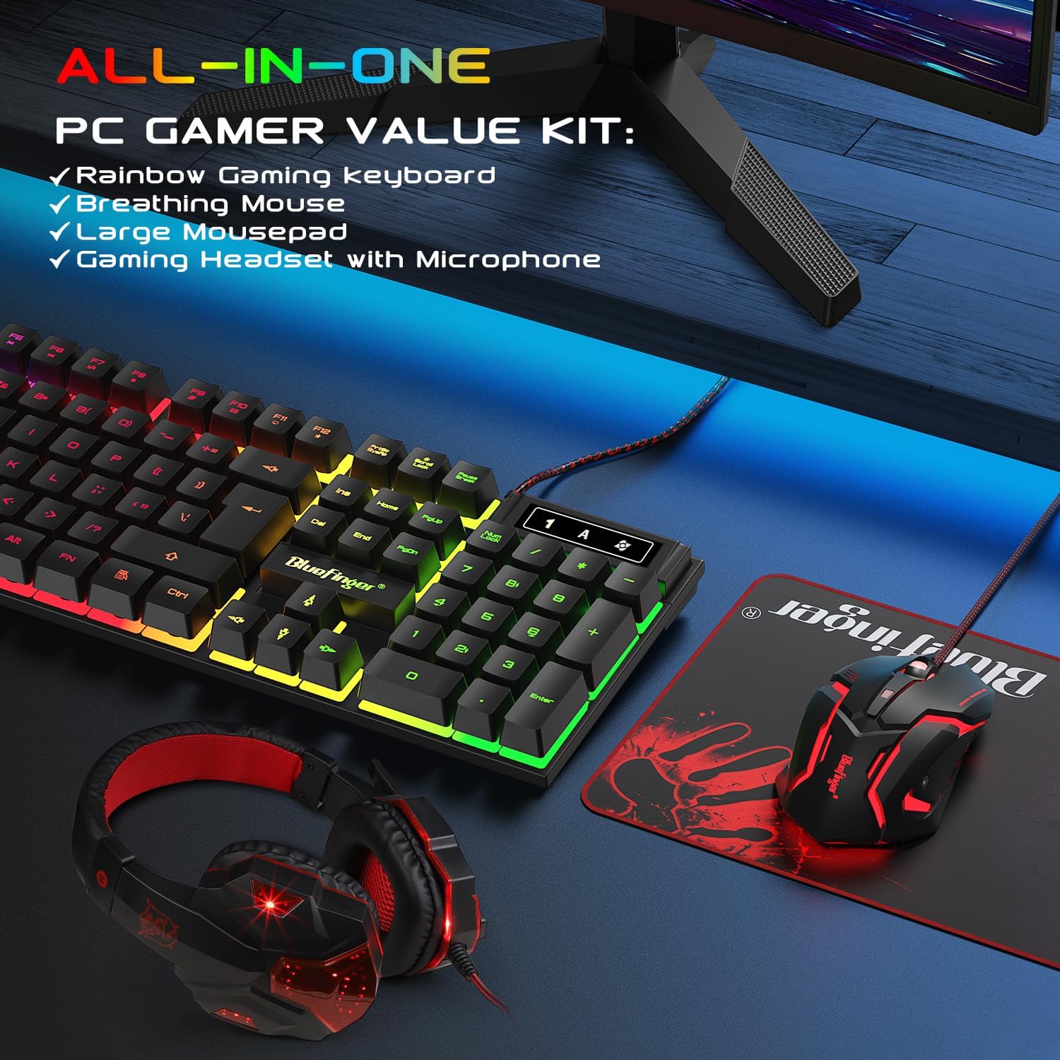 Detalle 2 de BlueFinger Gaming Keyboard Combo, USB Wired