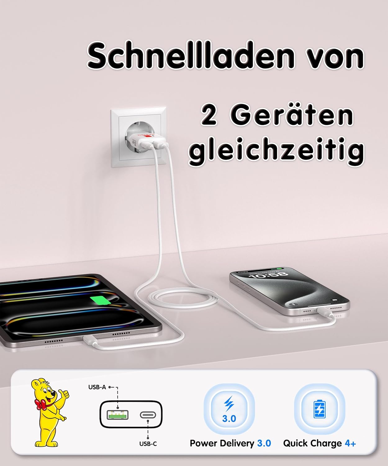Detalle de Haribo 2-Pack Mini Chargeur USB-C 20W GaN PD3.0/QC – Chargeur mural compact et rapide