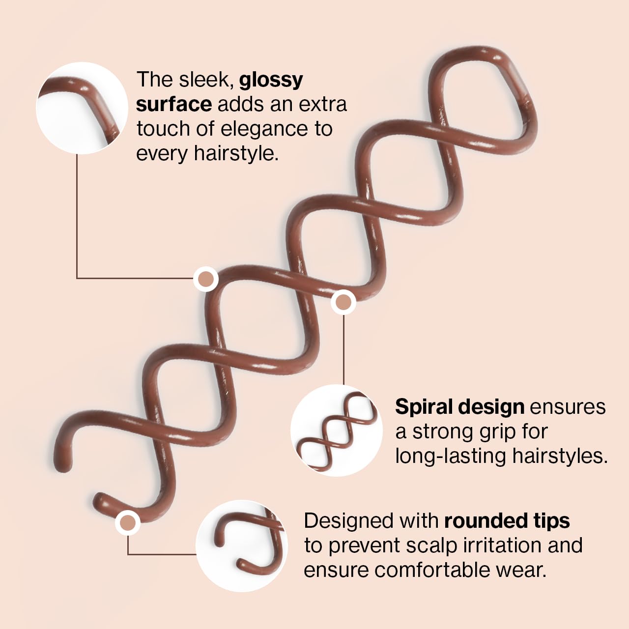 Detalle 2 de Kitsch Spiral Bobby Pins for Girls and Women – Hair Bun Maker, Rounded Tips, 3-Pcs (Brown)