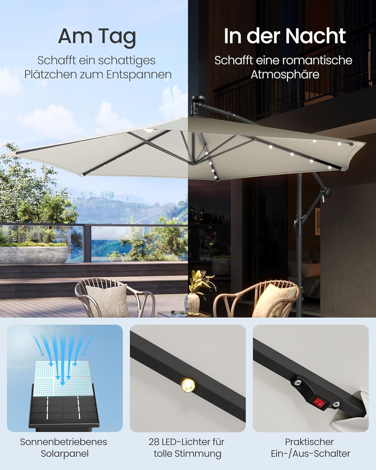 Thumbnail 2 de SONGMICS Sonnenschirm mit LED-Solar-Beleuchtung, Ampelschirm 350 cm Ø, UPF 50+, beige GPU119LZ01
