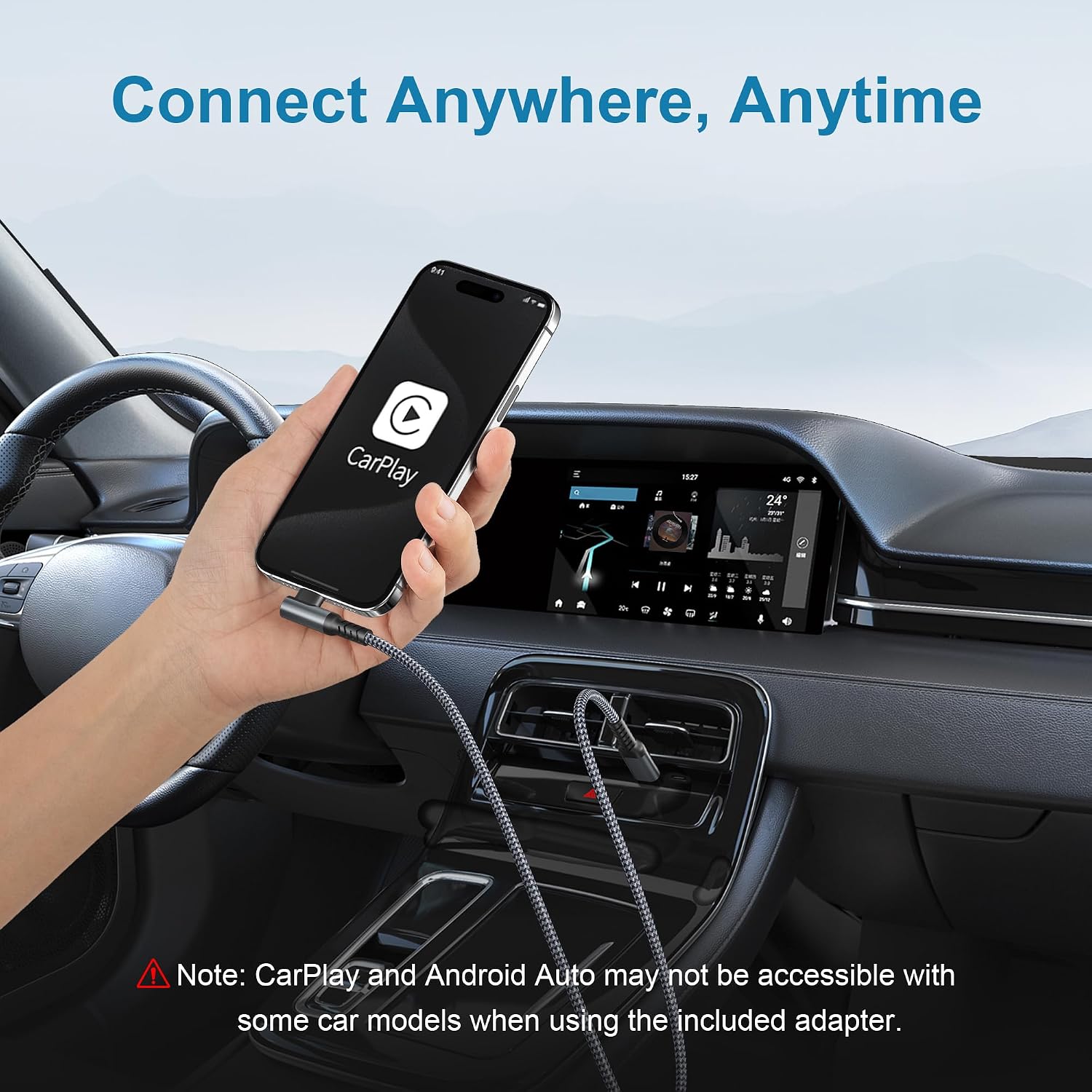 Detalle de BASESAILOR 60W USB-C fast charging car charger cable with right-angled connector (3m) + USB-C adapter