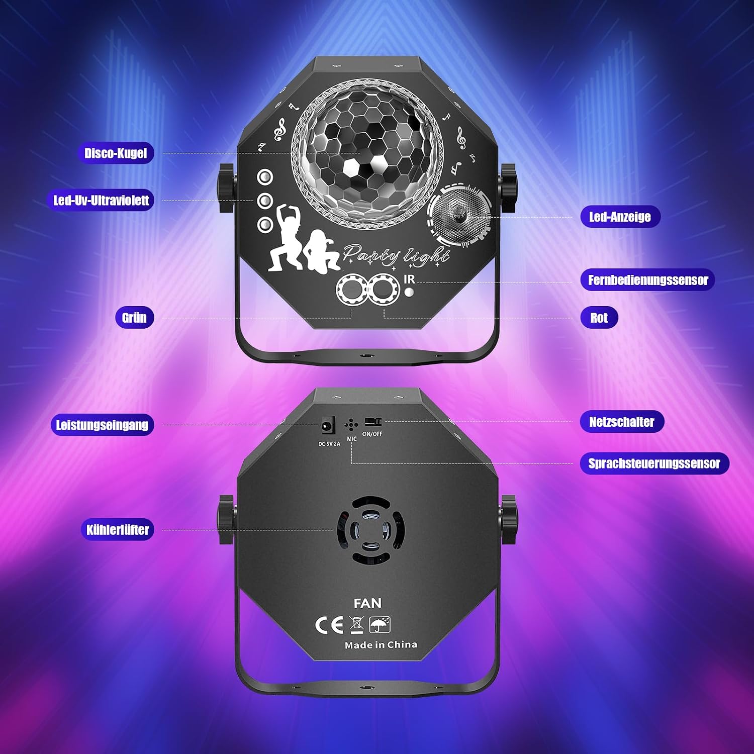 Thumbnail 4 de Vicalo 4 in 1 Disco Partylicht mit Discokugel – RGB LED Par Strahler für Hauspartys, Clubs und Events