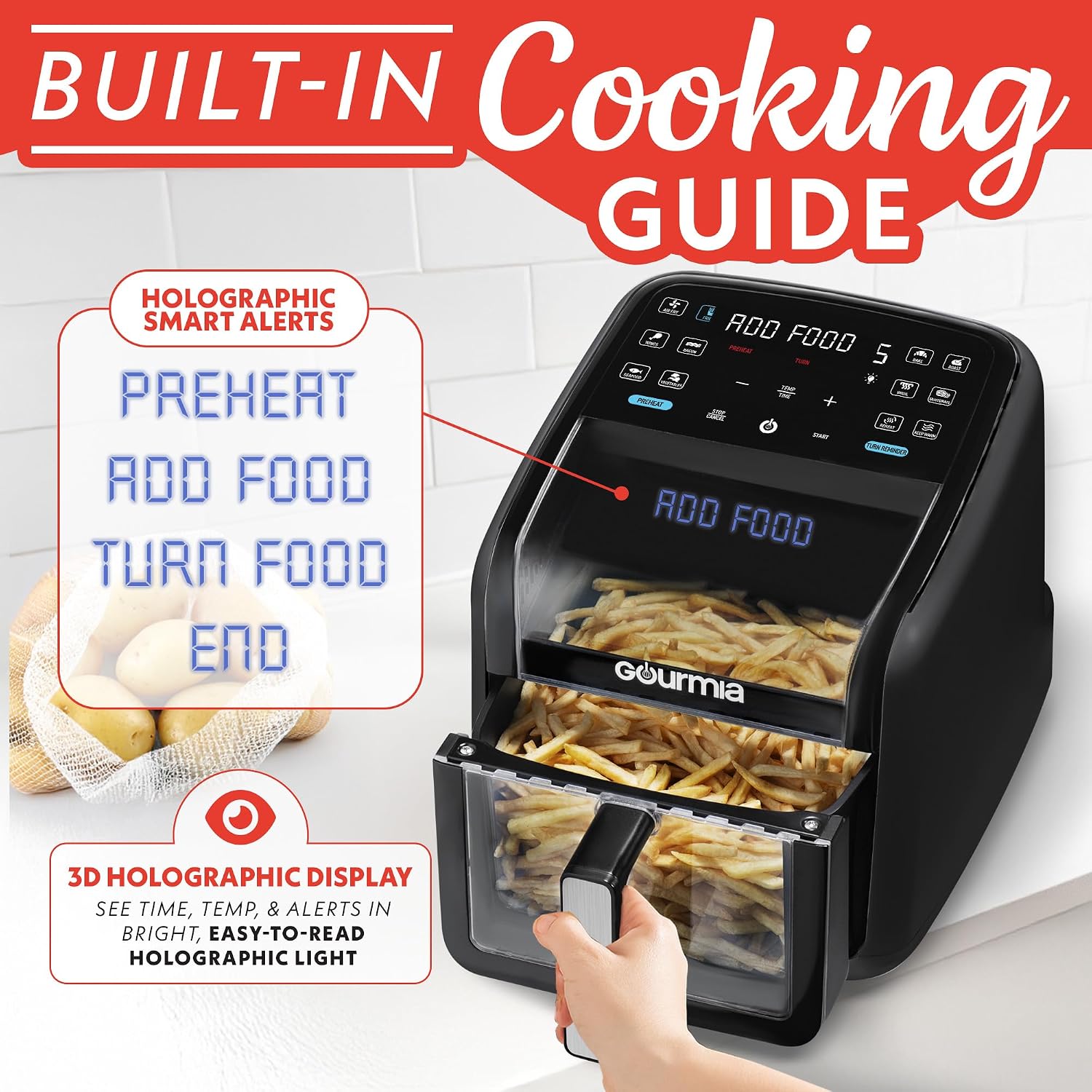Detalle 2 de Gourmia 7 Qt Air Fryer with Easy View Panorama Window, Interior Light, and Guided 12 Presets