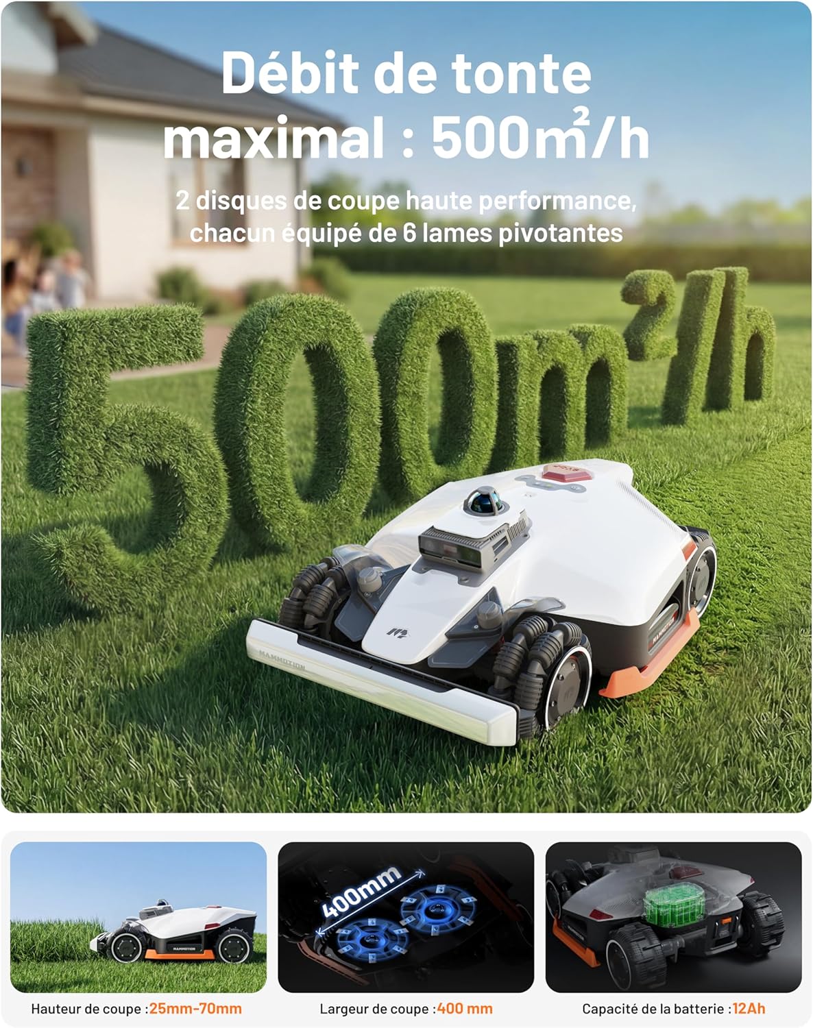 Detalle de Mammotion LUBA 3 AWD 3000 avec Garage Standard et Station de Lavage — Tondeuse robot tri‑fusion 360° LiDAR+NetRTK+AI Vision