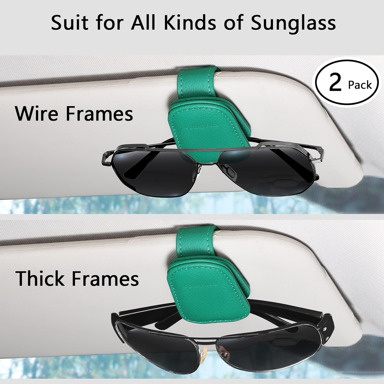 Thumbnail 1 de Quipuda 2-pack Genuine Leather Sunglasses Holder for Car Sun Visor (Magnetic) – Green
