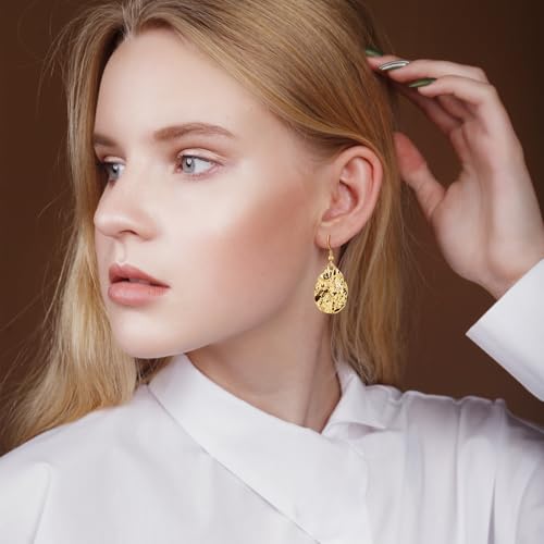 Thumbnail 1 de Weviway 18K Gold Plated Teardrop Hammered Dangly Drop Earrings