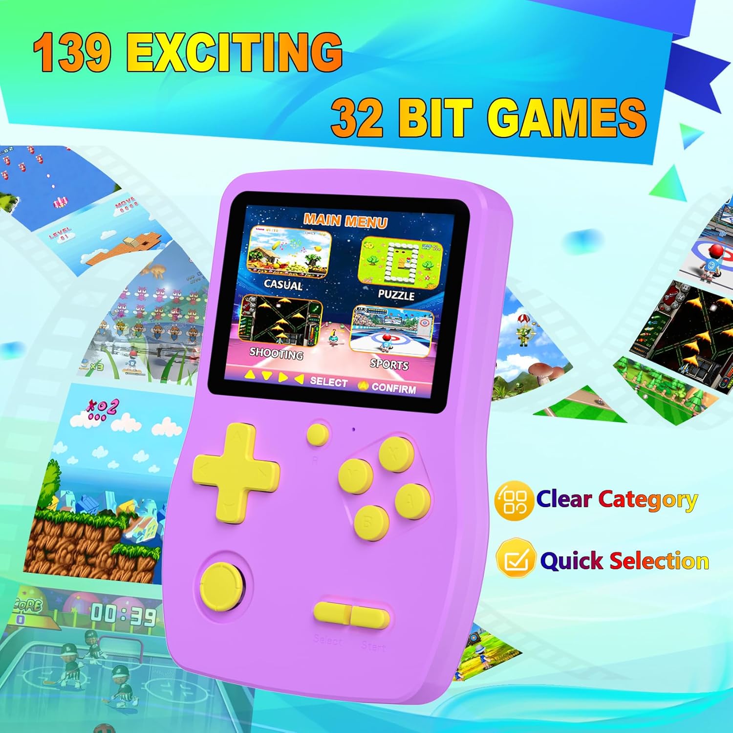 Thumbnail 1 de 32-Bit Handheld Games for Kids (Preloaded 139 Video Games) with 3.0" IPS Screen and Rechargeable Battery, Purple