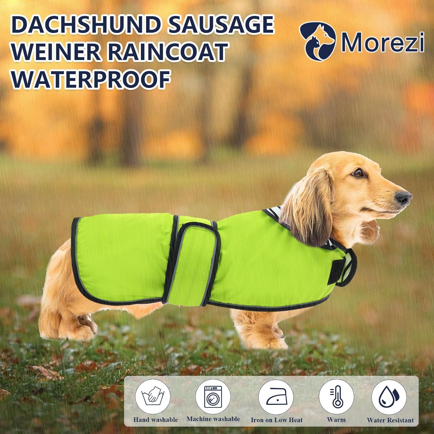 Thumbnail 1 de Morezi Dachshund raincoat (light green) with reflective stripe, waterproof fit for long-back breeds