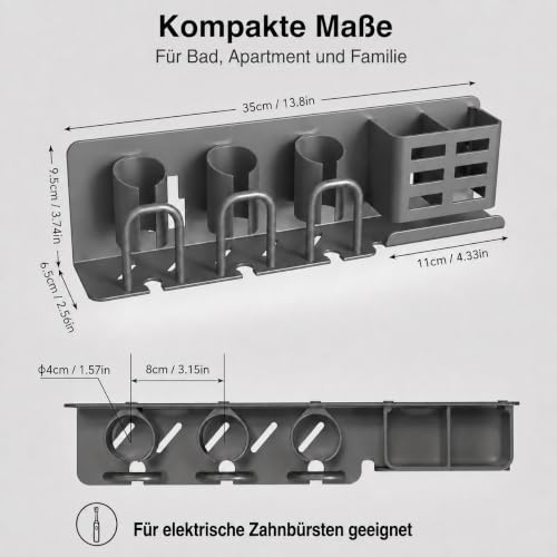 Detalle de KEXIBO Zahnbürstenhalter Wand Ohne Bohren – Aluminium, Klebehalterung für 3 Becher, Bad Organizer Grau