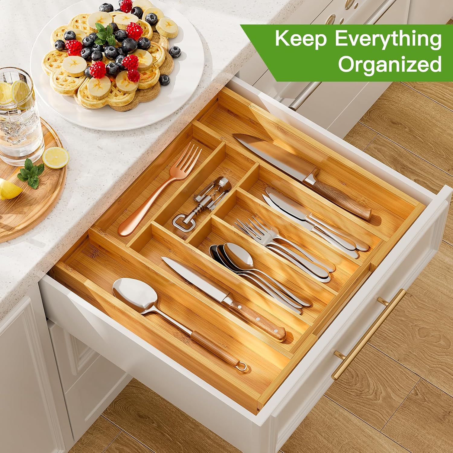 Detalle de Pipishell Medium Bamboo Silverware Drawer Organizer, Expandable 10.31–16.54 Inches