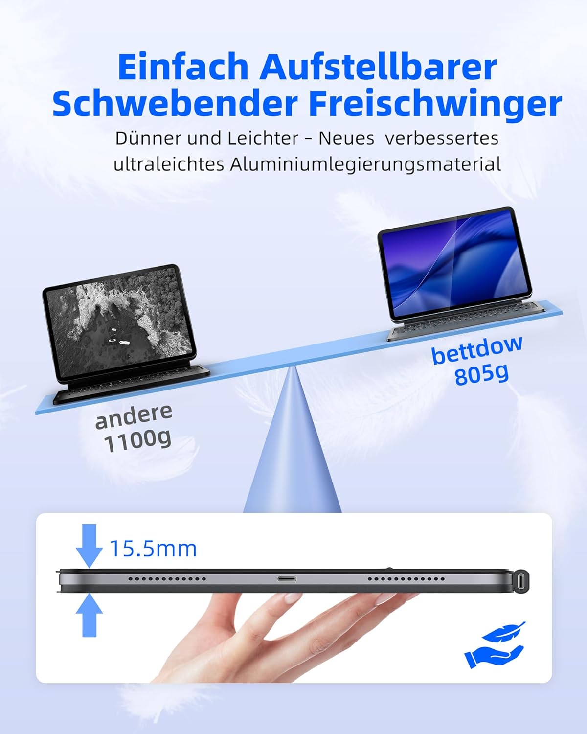 Thumbnail 2 de Bettdow Tastaturhülle 13 Zoll für iPad Air M2/M3/M4 & 12,9" iPad Pro – Leichte Aluminiumlegierung, schwebendes Design, Trackpad