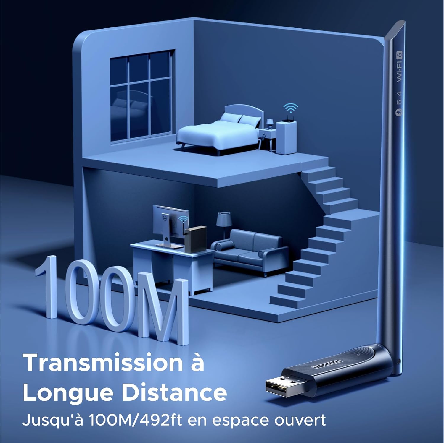 Thumbnail 4 de UGREEN Clé WiFi 6 AX900 Bluetooth 5.4 (adaptateur USB dual band 2,4/5 GHz avec antenne 6 dBi) pour Windows 11/10