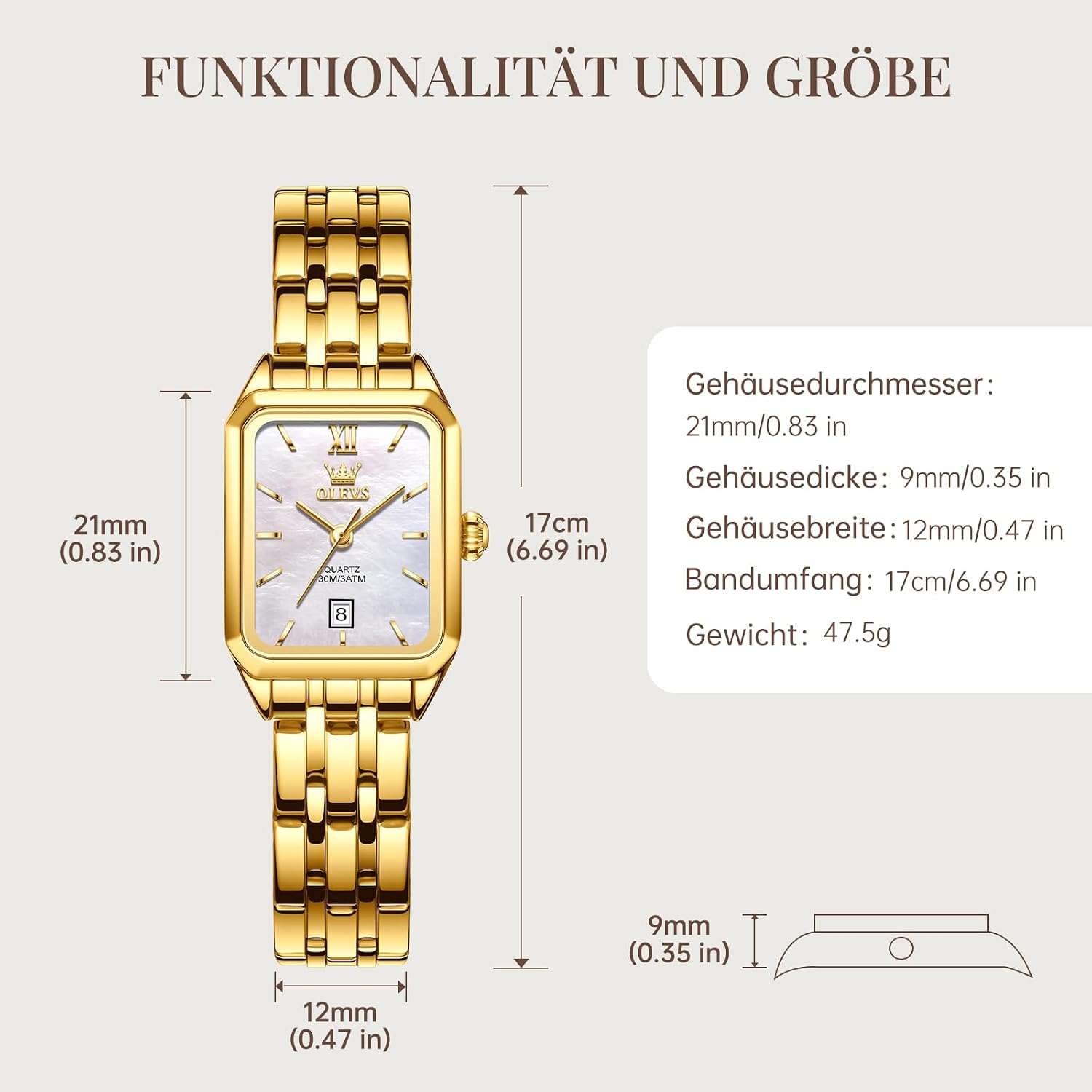 Thumbnail 1 de OLEVS Gold Damenuhr – Rechteckig, Edelstahl, Quarz mit Datum