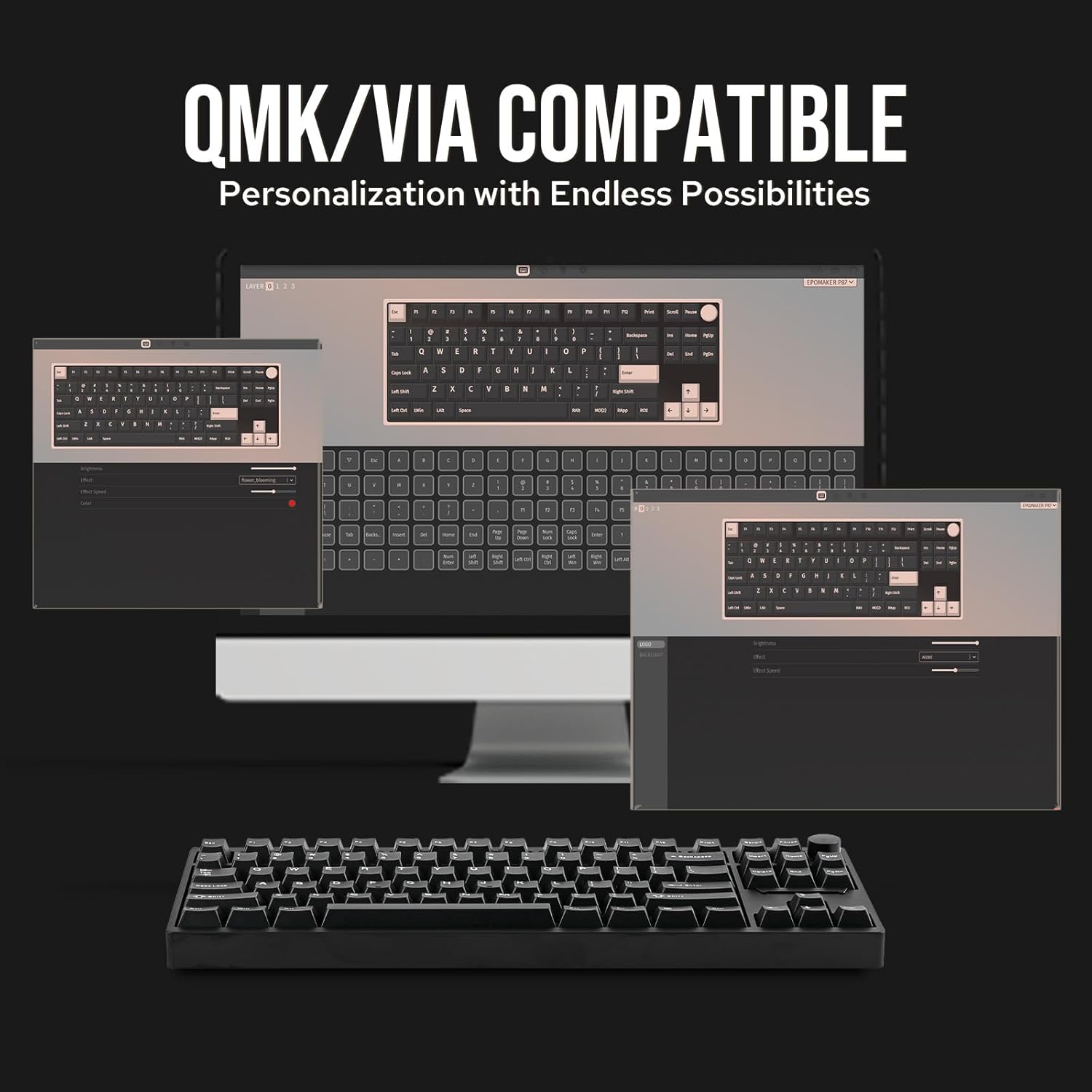 Thumbnail 3 de EPOMAKER P87 TKL Aluminum Wireless Mechanical Keyboard (QMK/VIA, metal knob) – Black with Wisteria Linear
