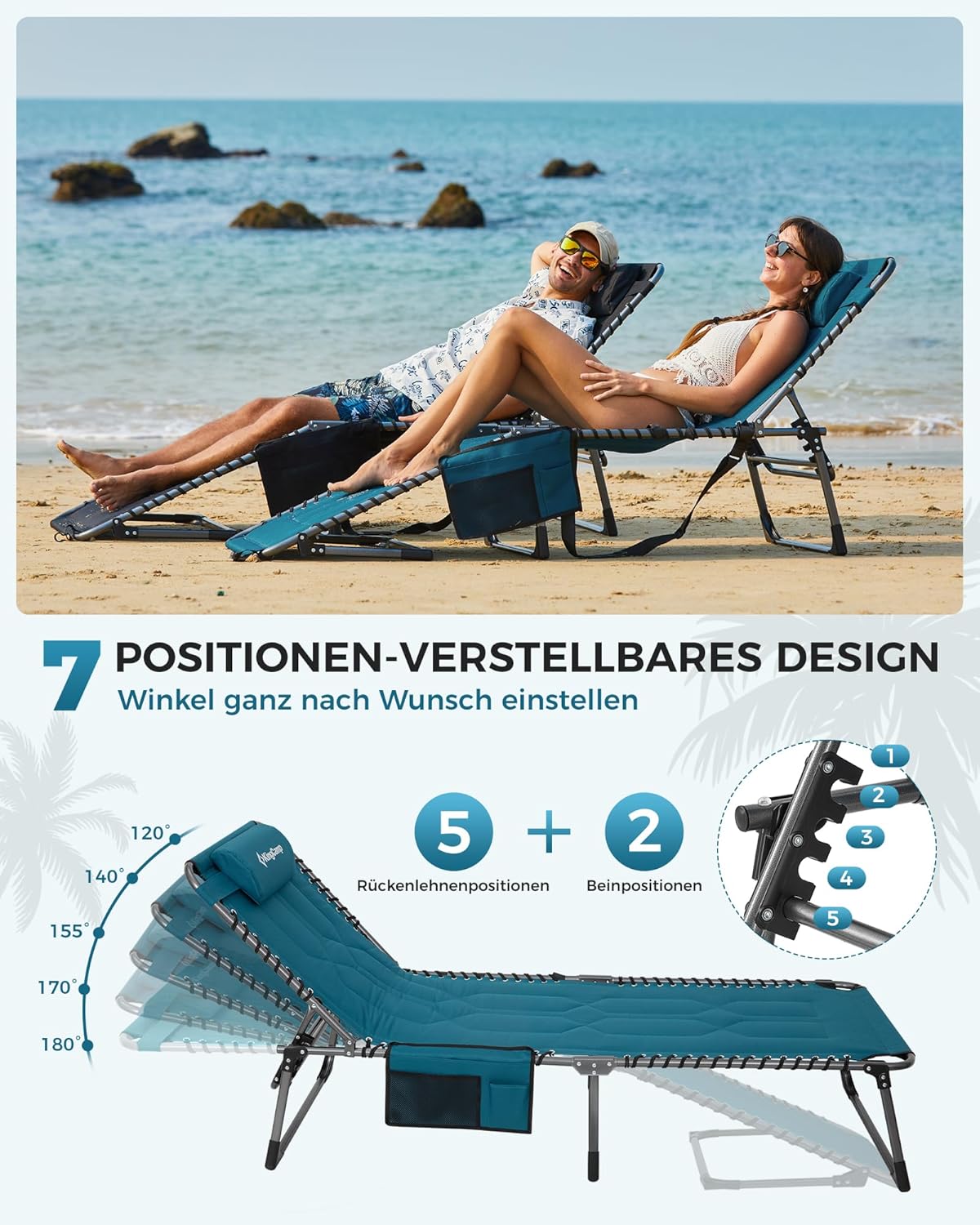 Detalle de KingCamp Übergroße Sonnenliege Klappbar 5‑Fach Verstellbar – 200 x 68 cm, bis 200 kg