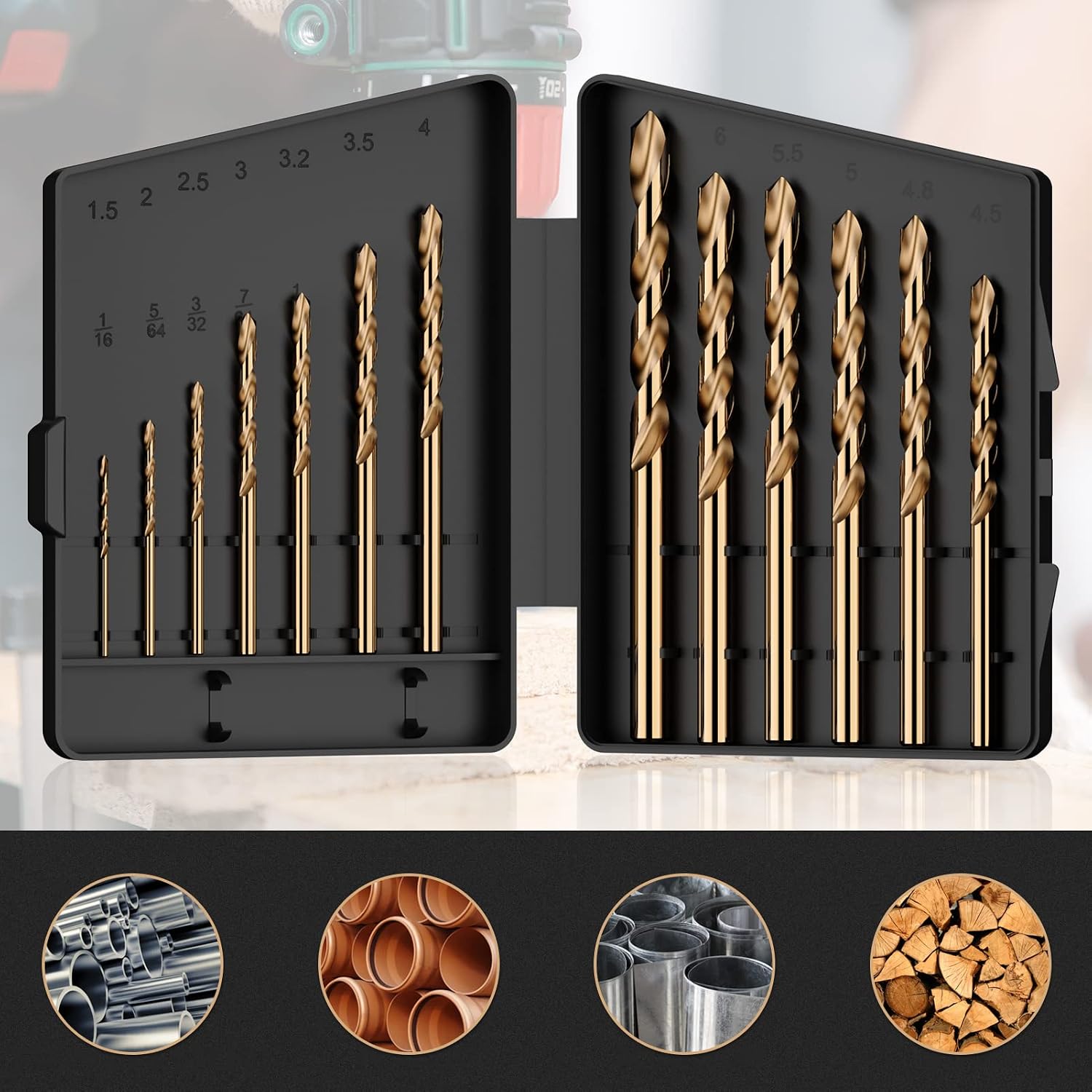 Detalle de MACXCOIP Cobalt Drill Bit Set, 13-Piece M35 HSS, 1/16"–1/4