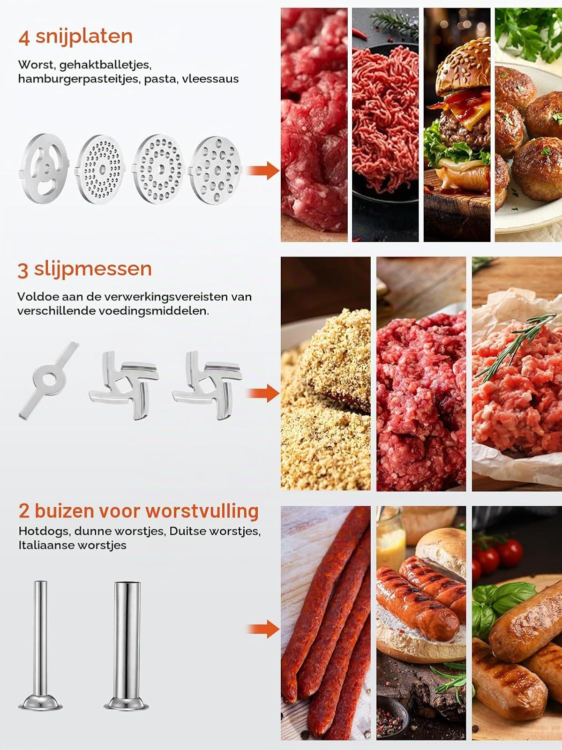Detalle 2 de FOHERE KA-MG vleesmolenopzetstuk voor KitchenAid, 15-delig van roestvrij staal