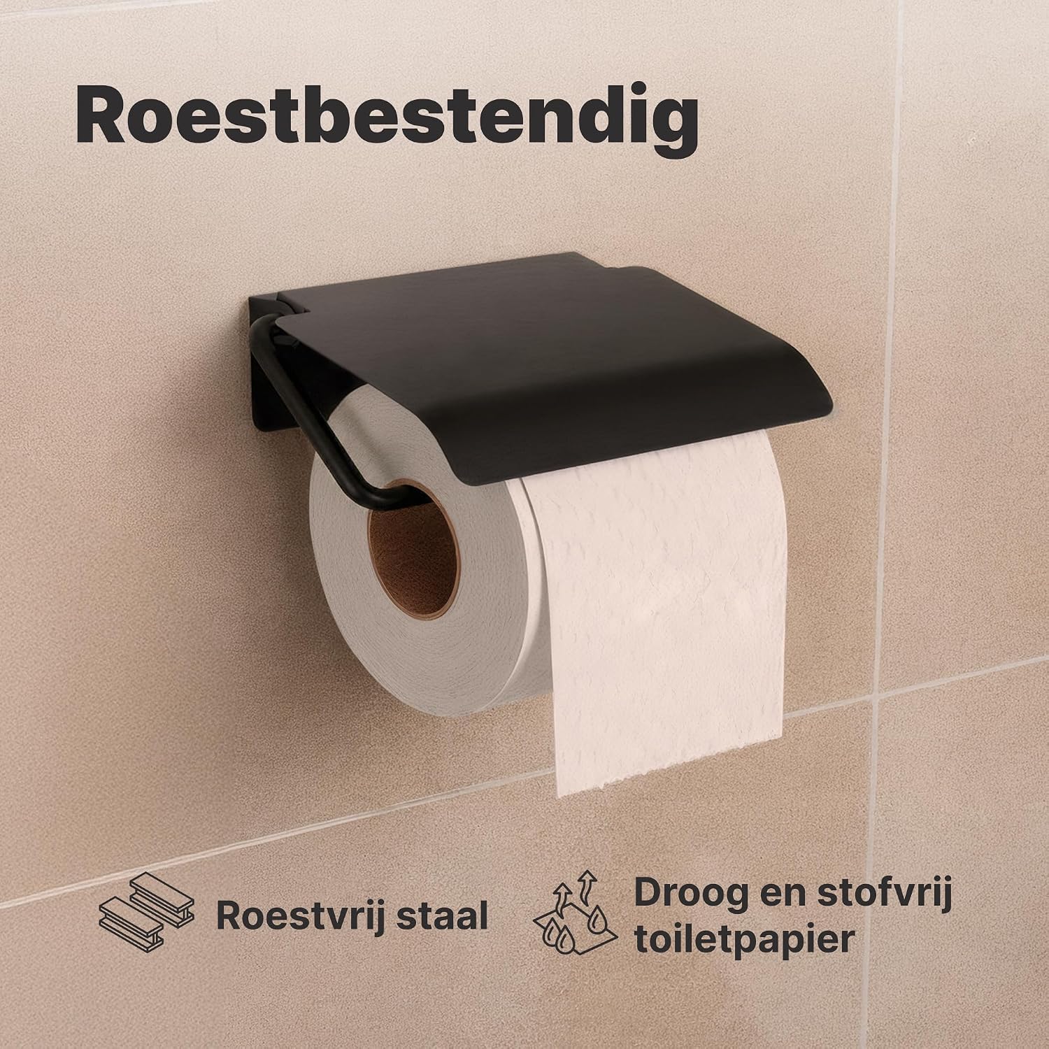 Detalle de Minismus MI7719 toiletrolhouder met afdekking, zwart RVS en twee montageopties