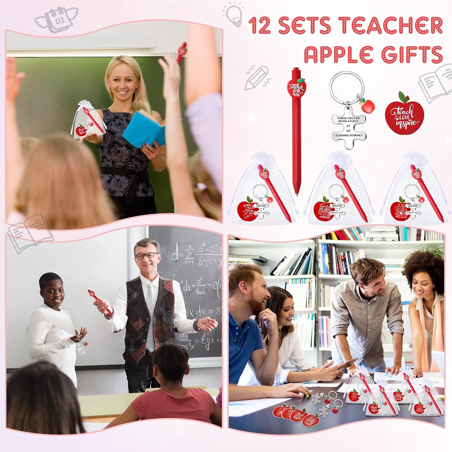 Detalle de Johiux 12 Sets Thank You Gifts for Teachers: Apple Themed Keychains, Pens & Cards in Organza Bags