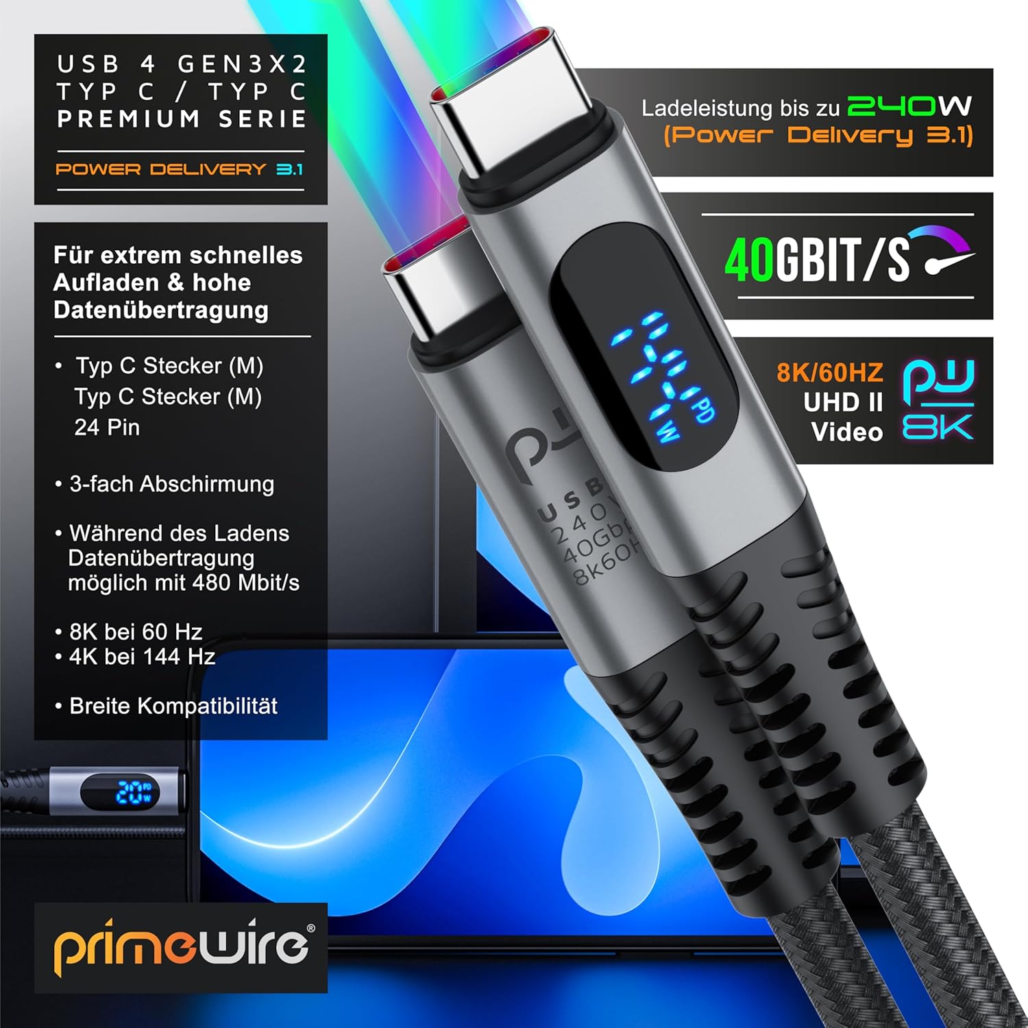 Thumbnail 1 de CSL USB4 Kabel 0,5 m Gen 3x2 mit Display – Display PD bis 240 W, 40 Gbit/s
