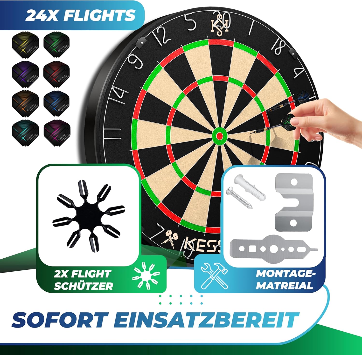 Detalle 2 de KESSER Dartscheibe Sisal mit 9 Dartpfeilen Professional, 24 Pro Flights & Montageset (Steeldart)