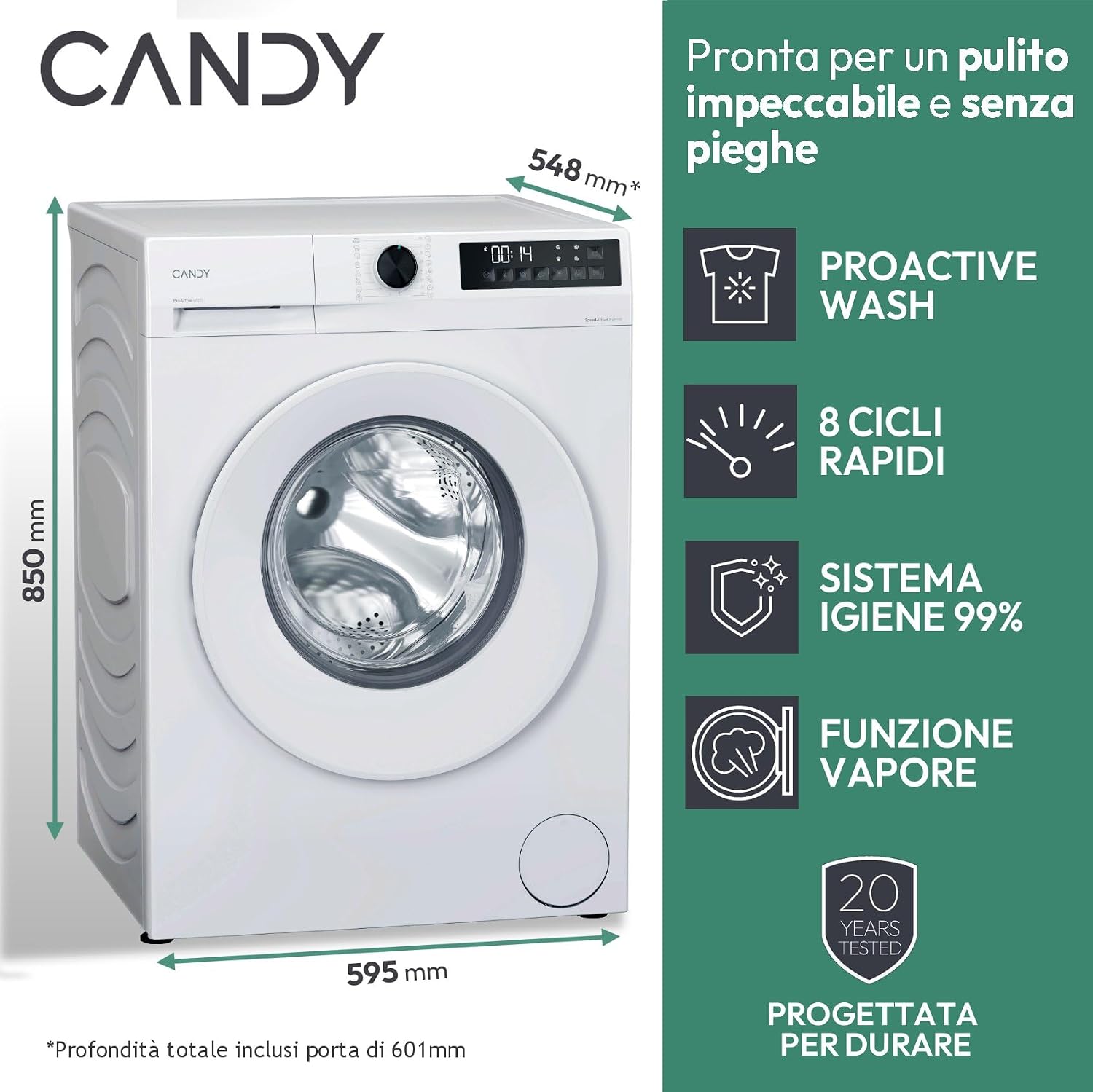 Detalle de Candy ProWash 300 Lavatrice 9 Kg, 1400 Giri – Classe A-20% Bianca