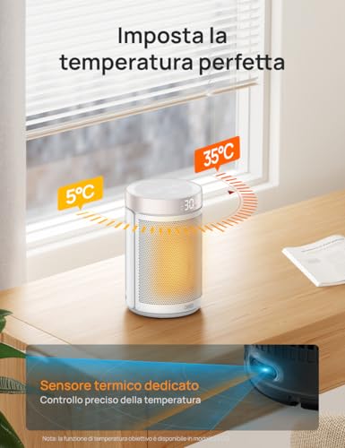 Detalle de DREO Termoventilatore PTC 1500 W, 34 dB, termostato e timer 12 ore