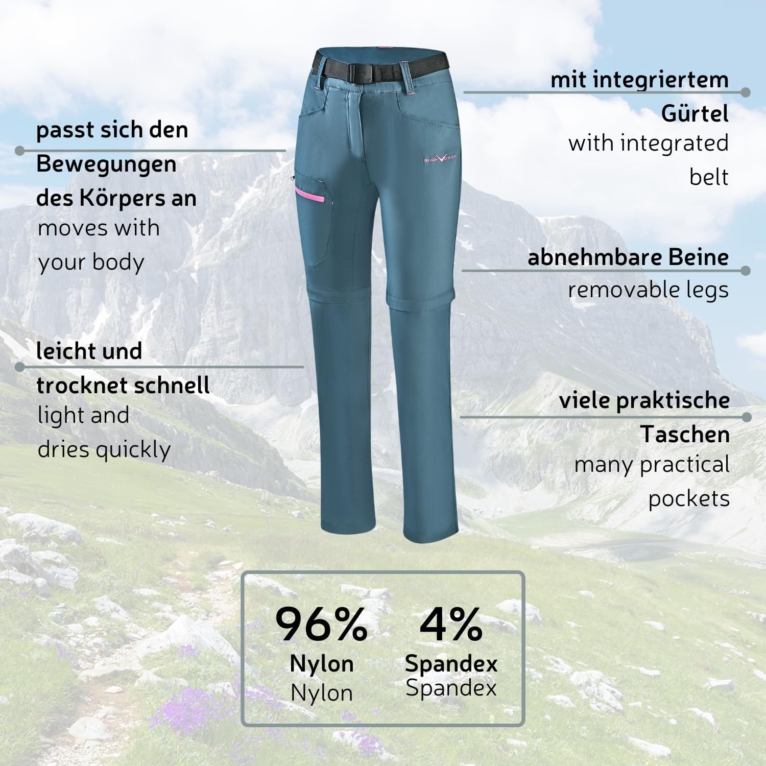 Detalle de Black Crevice Damen Zip Off Leg Trekkinghose – Pantalon de randonnée femme