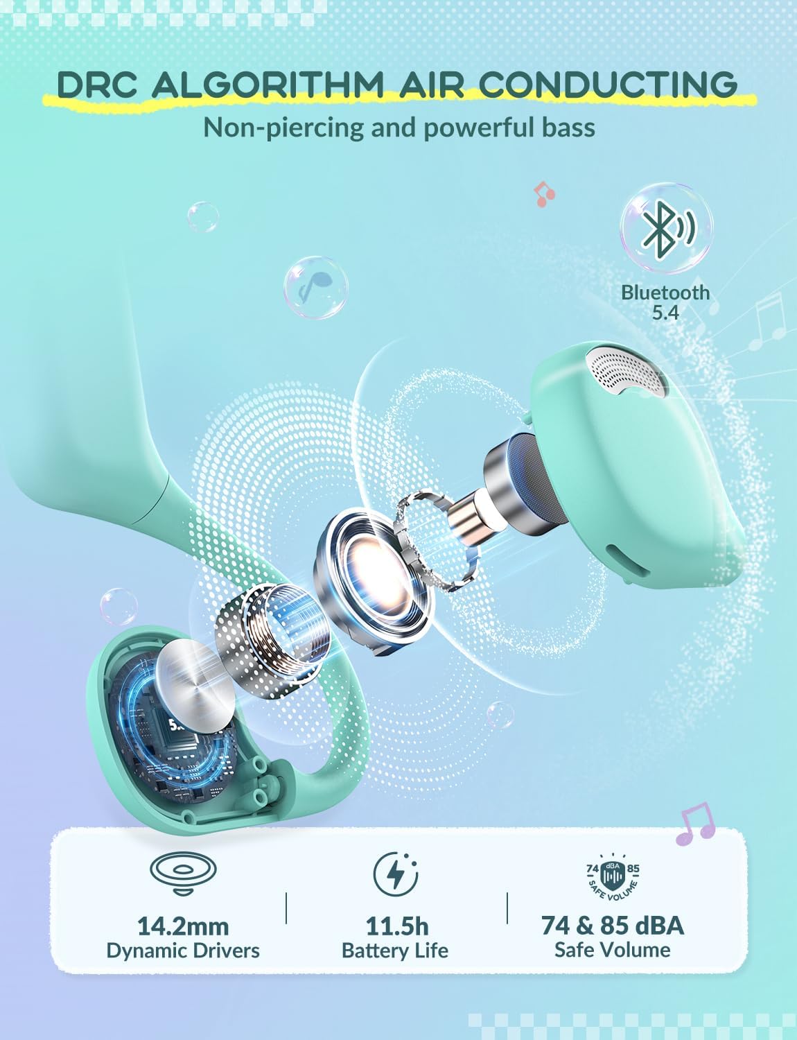 Thumbnail 4 de iClever Kids Wireless Open-Ear Headphones (Bluetooth 5.4) with 74/85dBA Safe Volume Limit, Purple Green