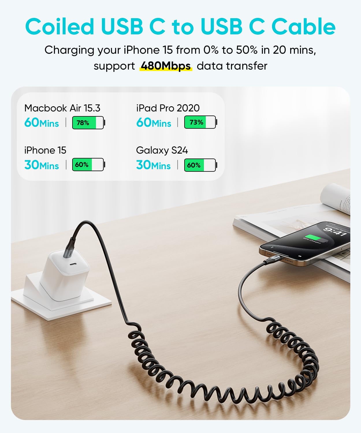 Thumbnail 3 de SUNGUY USB‑C Spiralkabel (USB‑C auf USB‑C), 2 m – bis 60 W Schnellladen & 480 Mbit/s für Auto, iPhone, Android & mehr