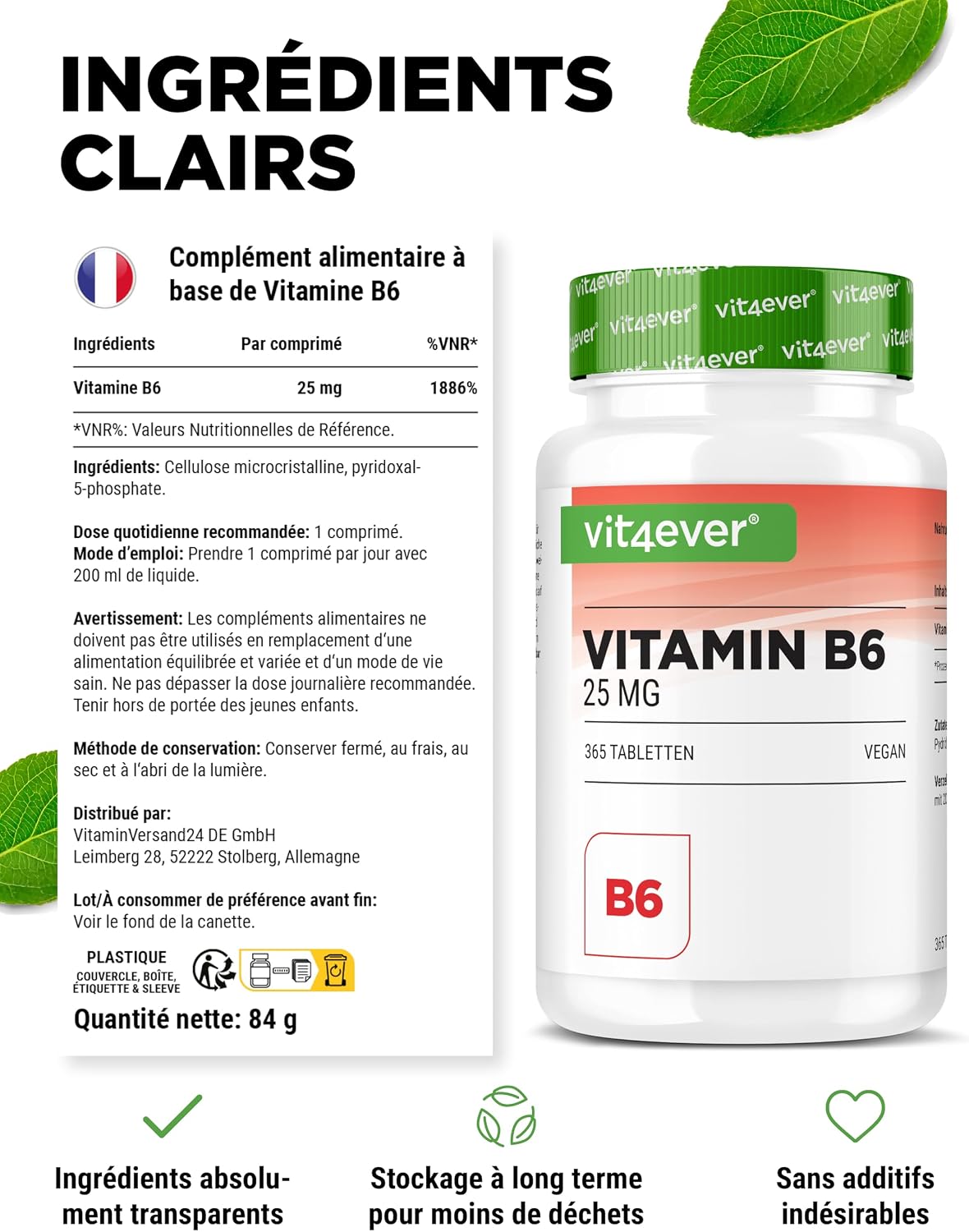Detalle de vit4ever Vitamine B6 P-5-P (Pyridoxal-5-Phosphate) 25 mg – 365 comprimés, vegan