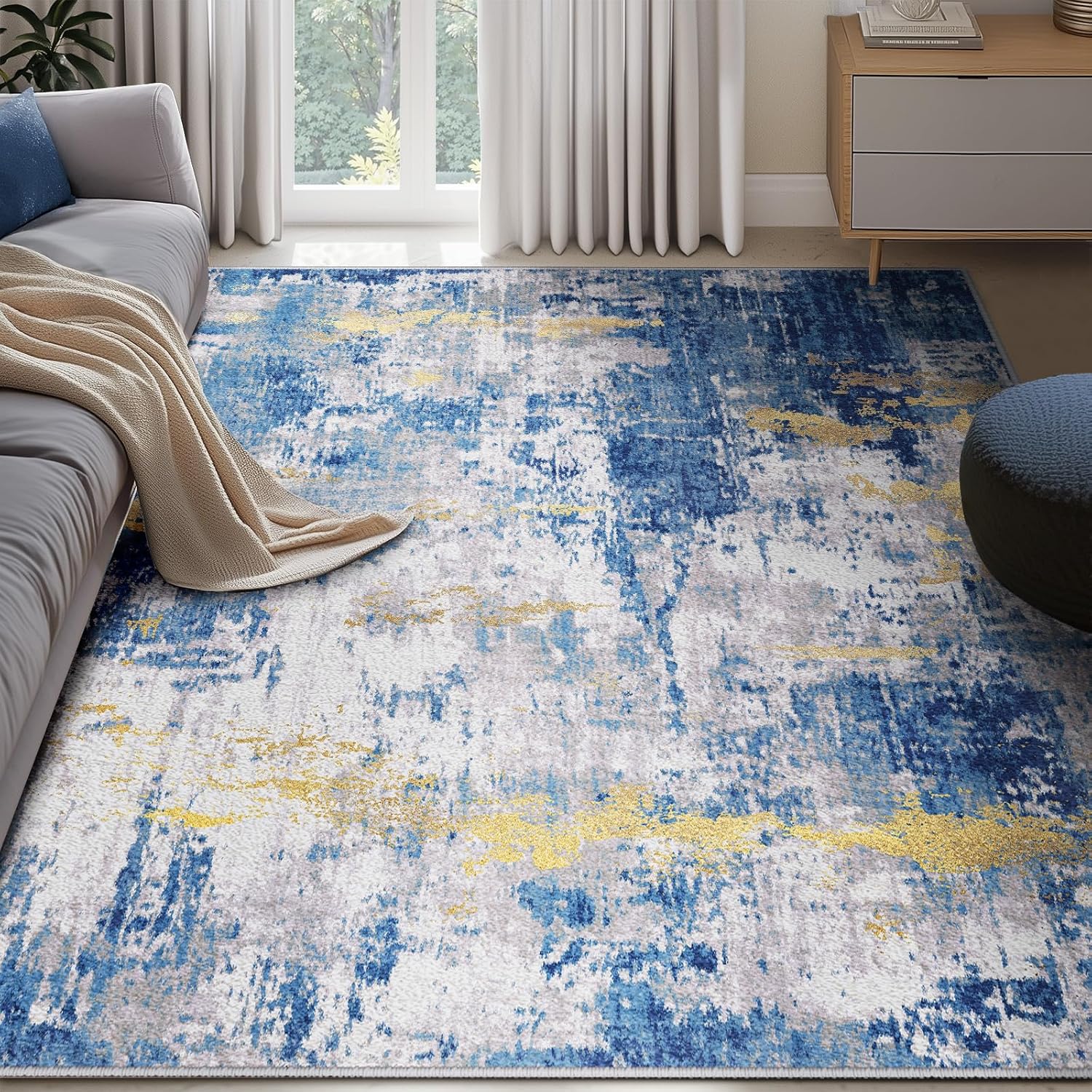 Detalle 2 de RELEANY tides 5' x 7' Area Rug, Washable Low-Pile Abstract Print
