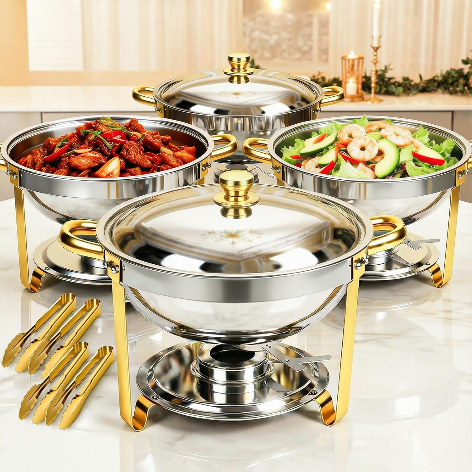 Detalle de ALSO GO Round Chafing Dishes for Buffet 4 Pack 6QT Gold