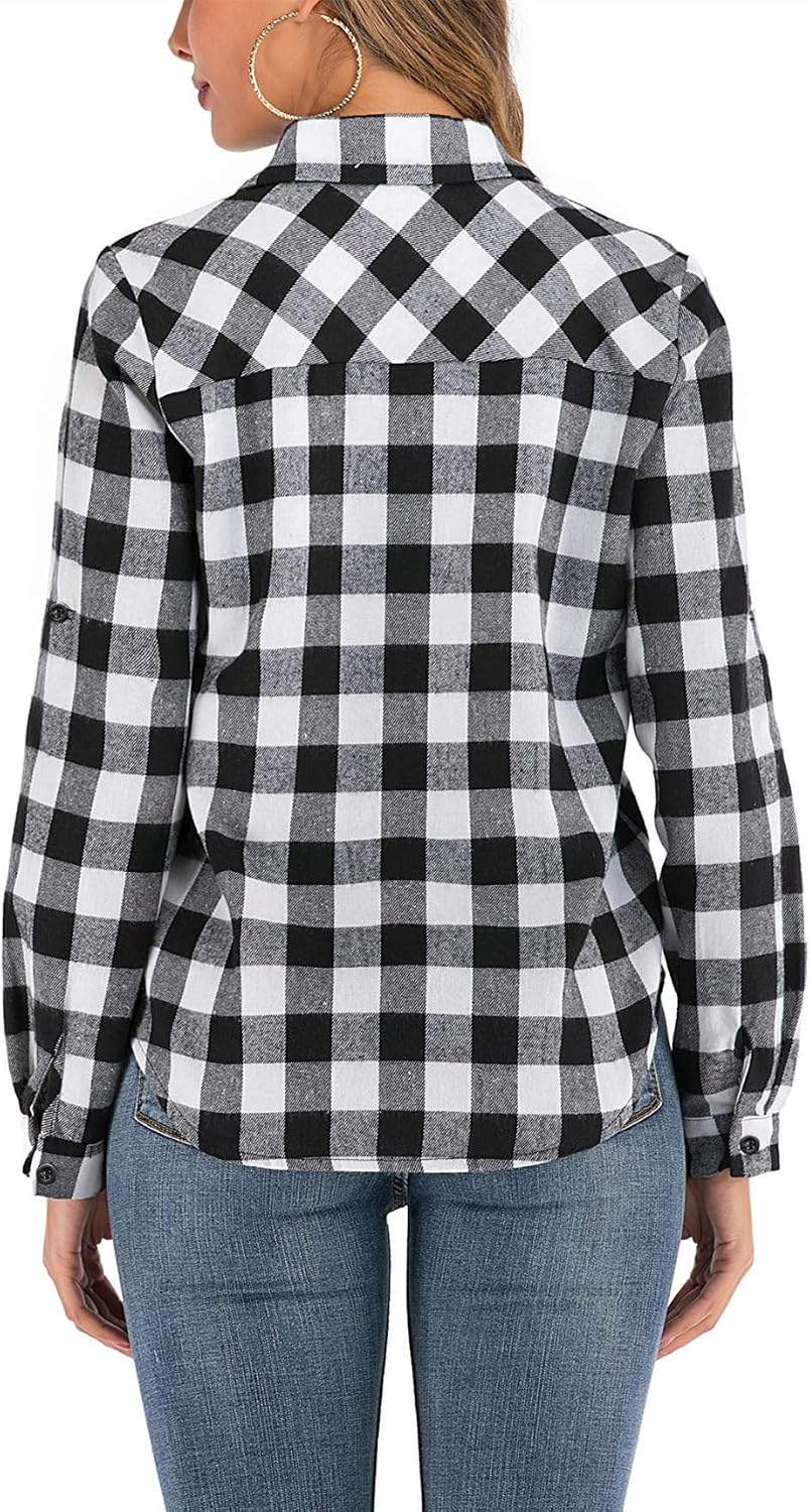 Detalle de Yukiuiny Women's Flannel Plaid Shirt – 100% Cotton, Long Sleeve, Casual Button-Down Top