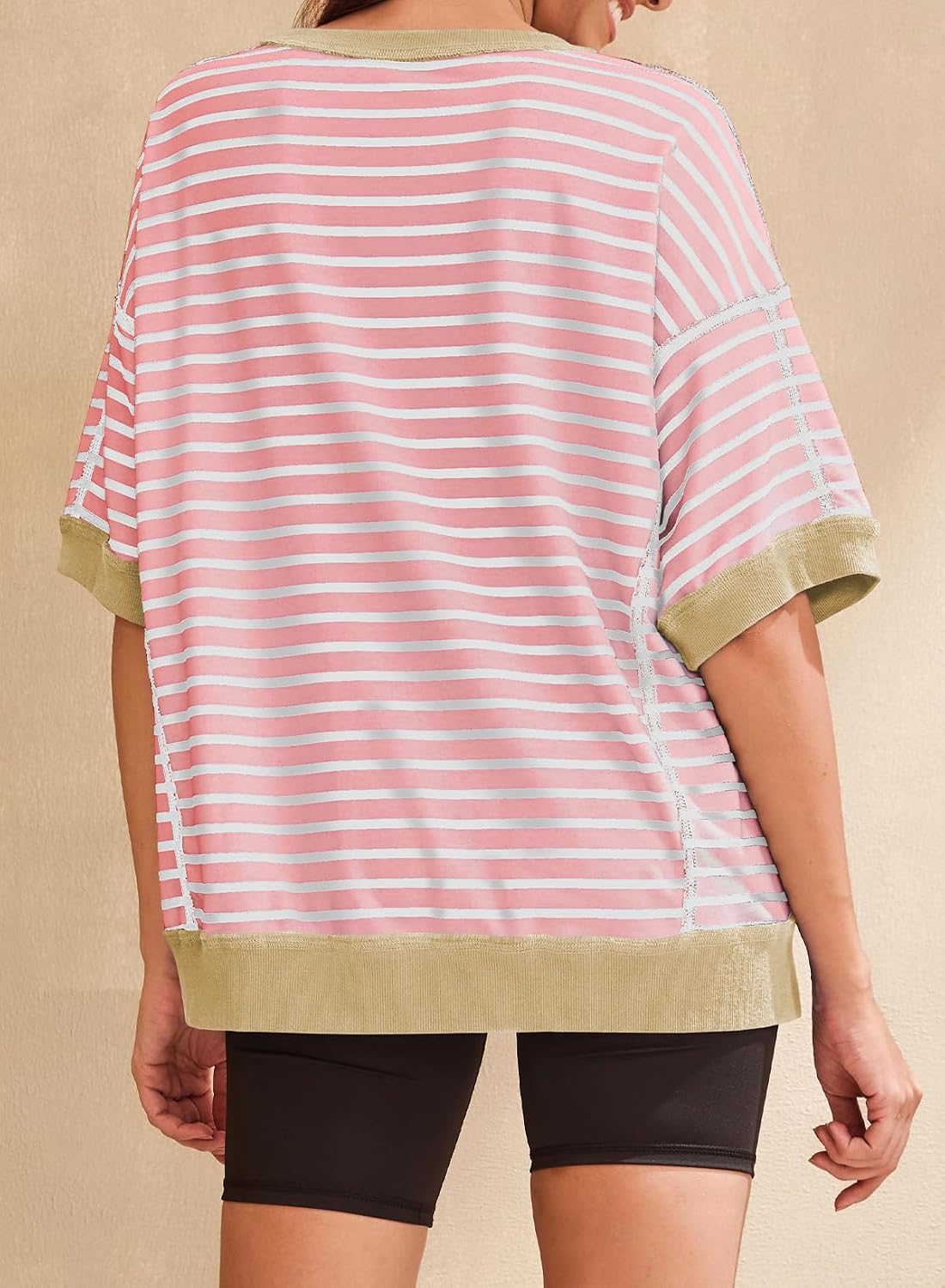 Detalle 2 de SHEWIN Women's Casual Short Sleeve Striped Sweatshirt Crewneck T-Shirt – Oversized, Loose Fit
