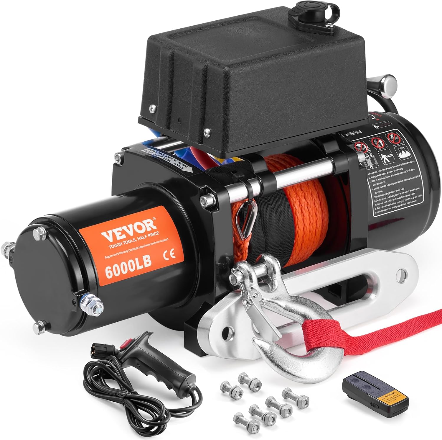 Detalle de VEVOR Electric Winch 6000 lb: 12V DC, Synthetic Rope, Wireless & Wired Remote